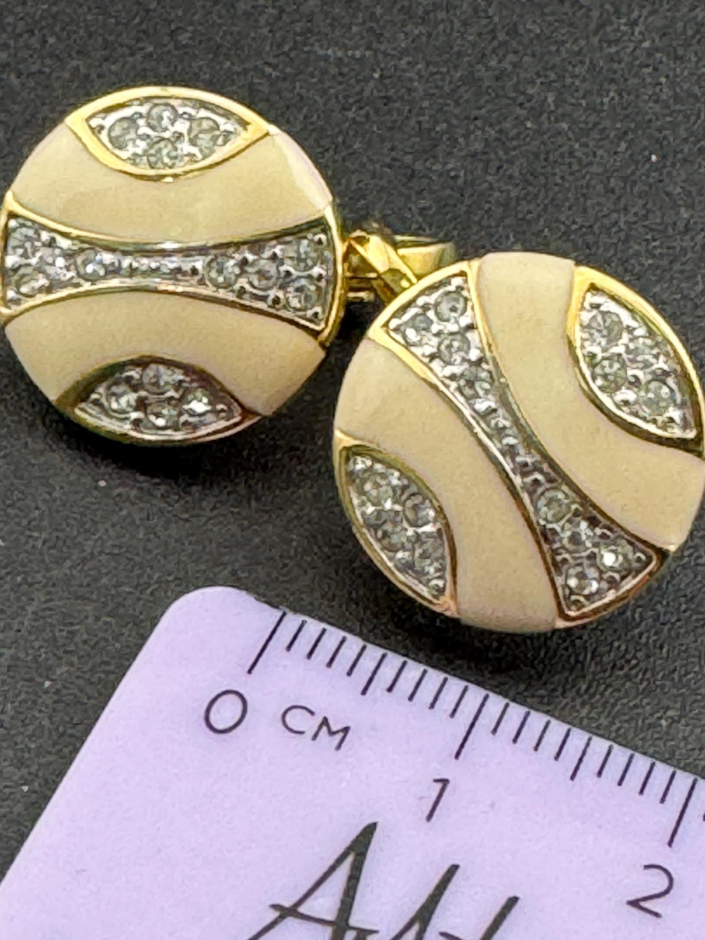 Vintage signed diamanté Gold tone nude natural beige cream enamel round clip on earrings 1980s 1990s