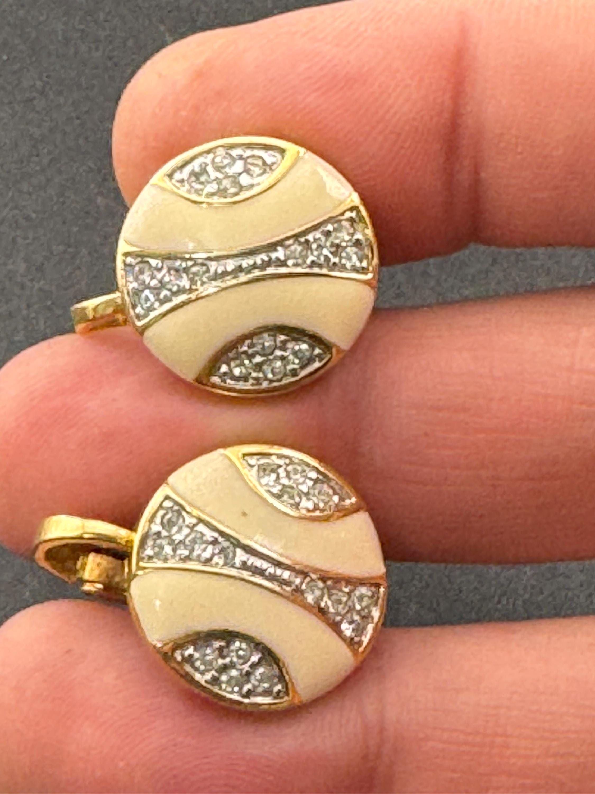 Vintage signed diamanté Gold tone nude natural beige cream enamel round clip on earrings 1980s 1990s