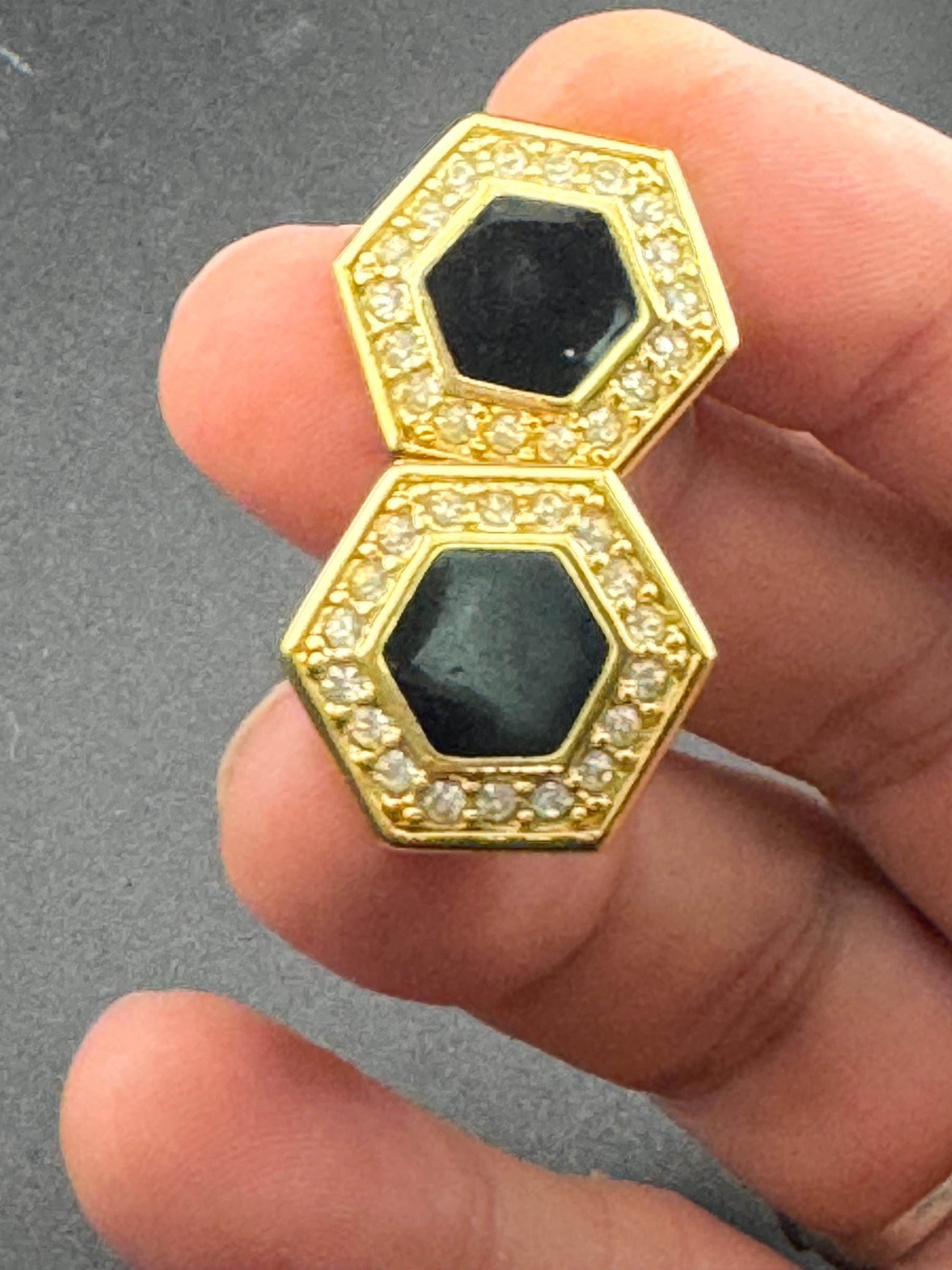 Signed NAPIER Vintage 1980s high end gold tone hexagon black enanel diamanté clip on earrings