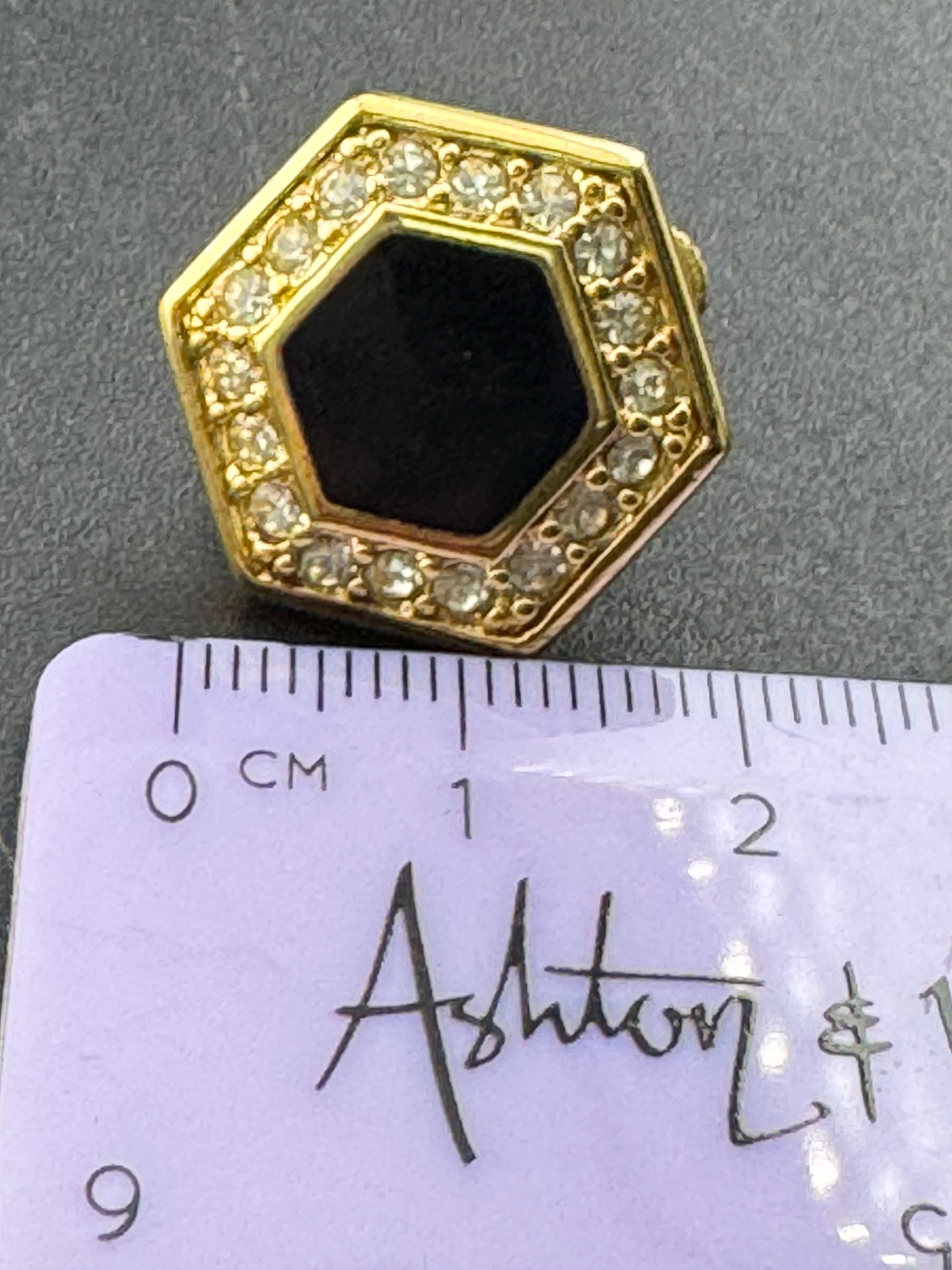 Signed NAPIER Vintage 1980s high end gold tone hexagon black enanel diamanté clip on earrings