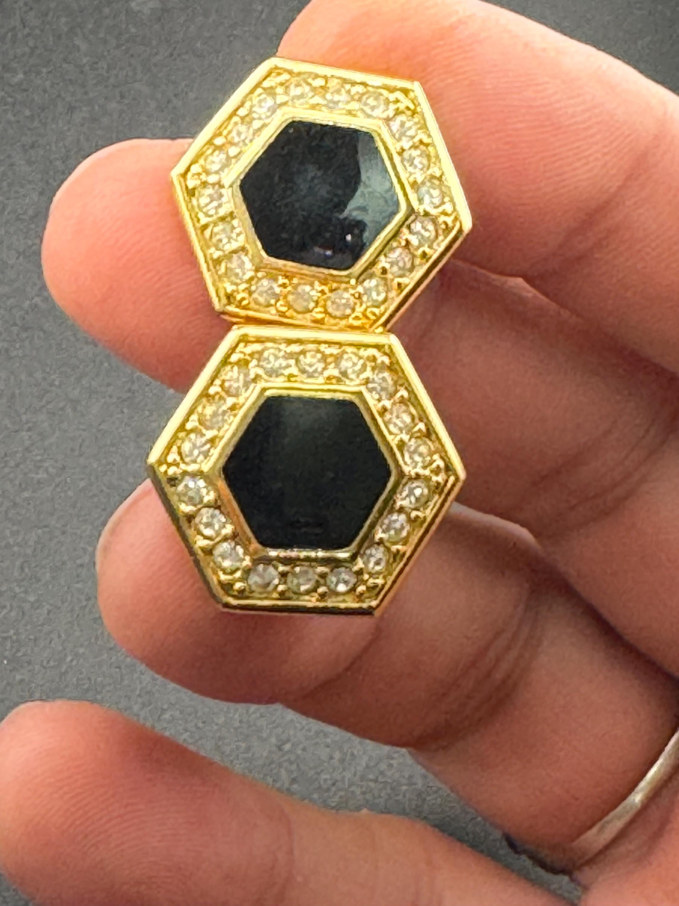 Signed NAPIER Vintage 1980s high end gold tone hexagon black enanel diamanté clip on earrings