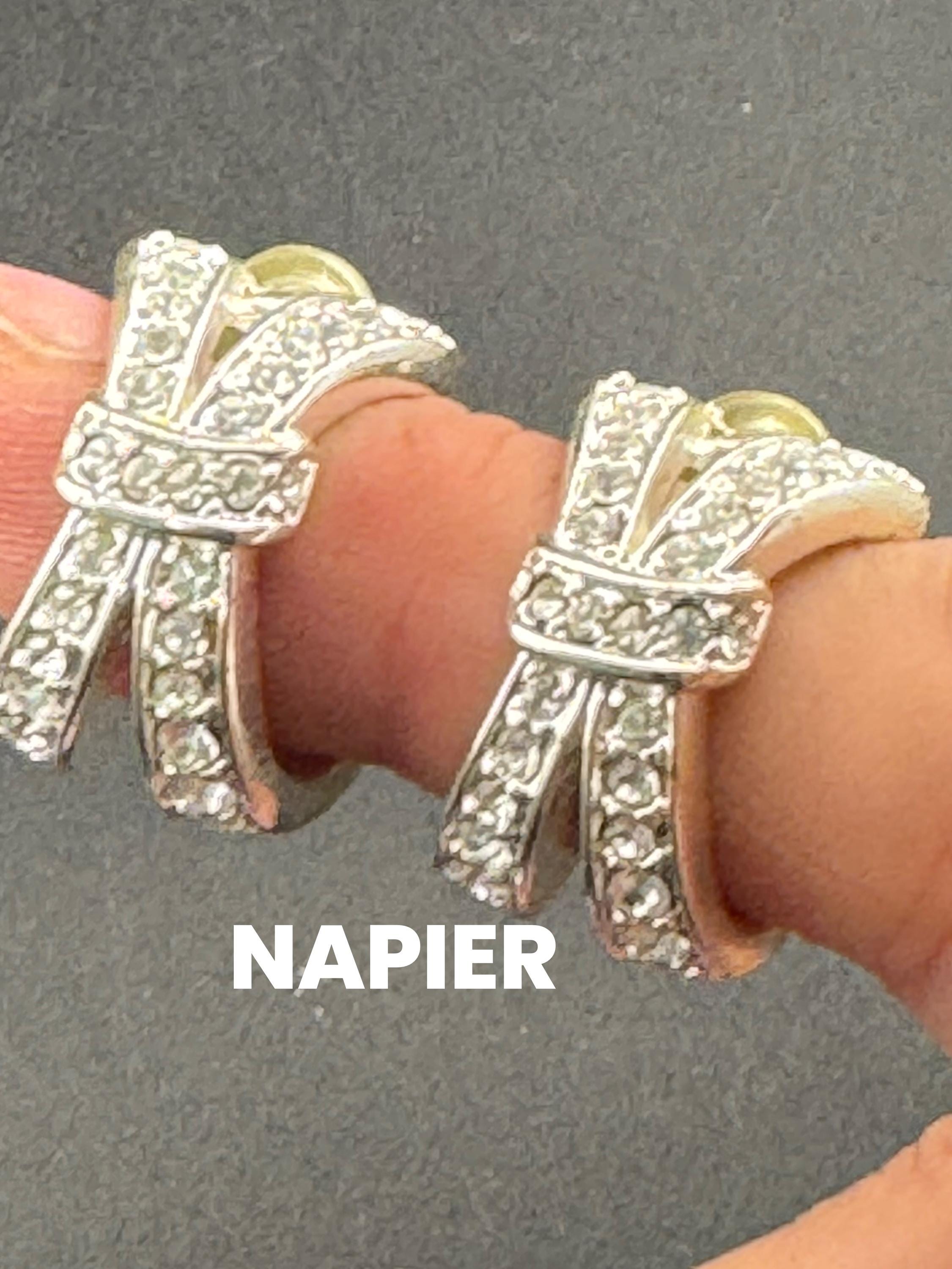 Signed NAPIER Vintage large X silver tone statement designer half hoop pierced earrings
