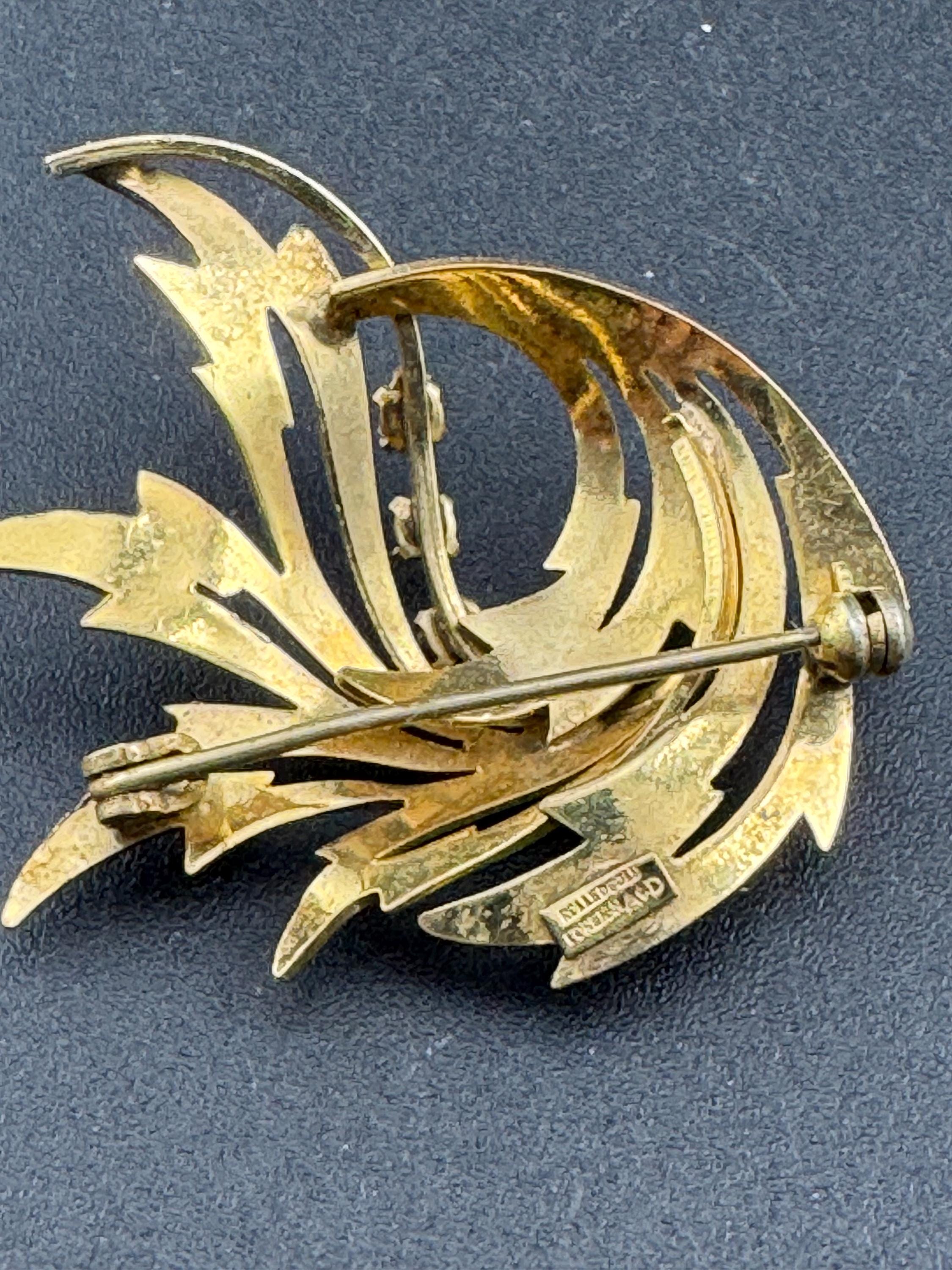 Signed A and D Rolled Gold textured abstract brooch with 3 garnet gemstones 1950s