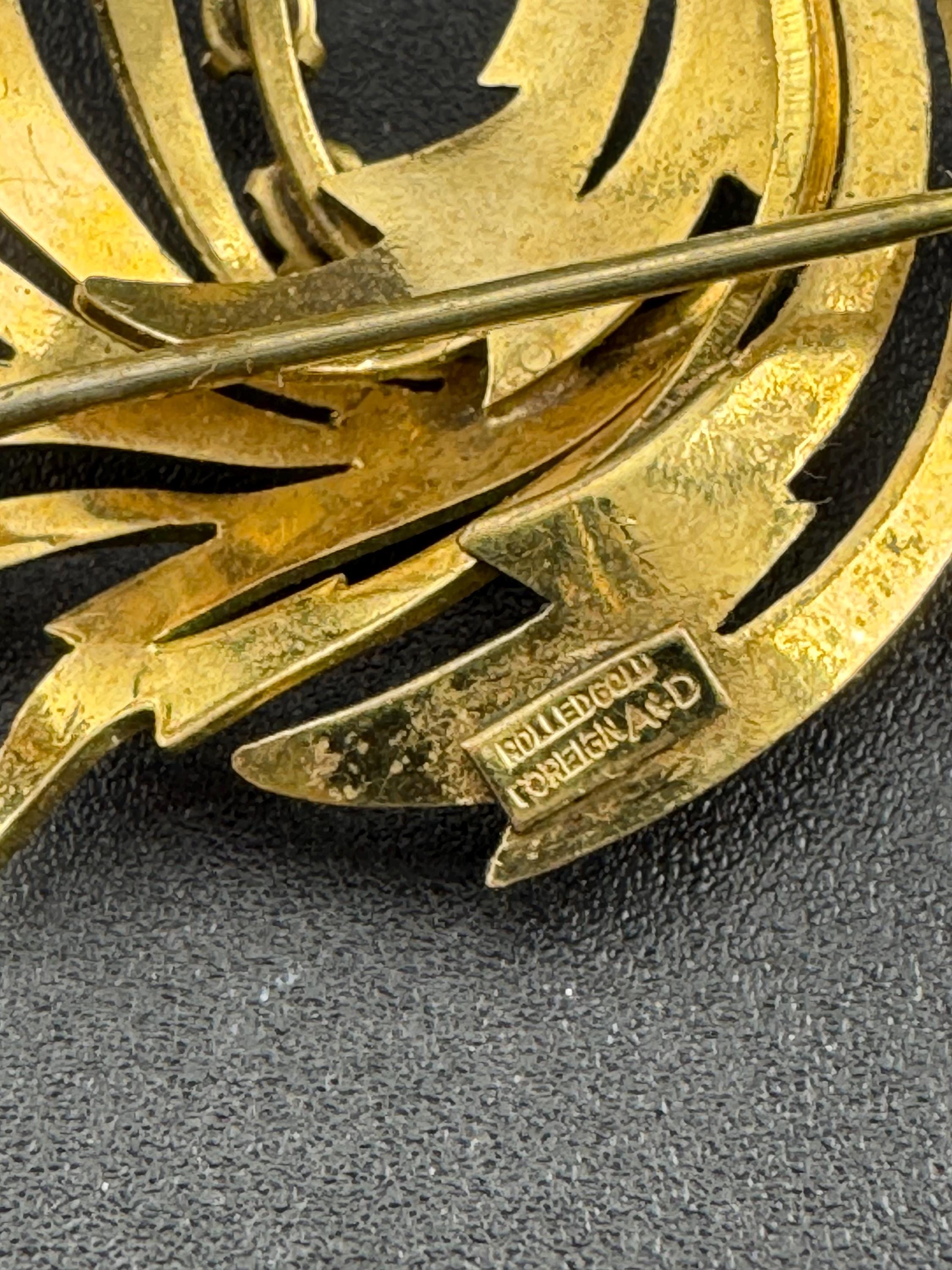 Signed A and D Rolled Gold textured abstract brooch with 3 garnet gemstones 1950s