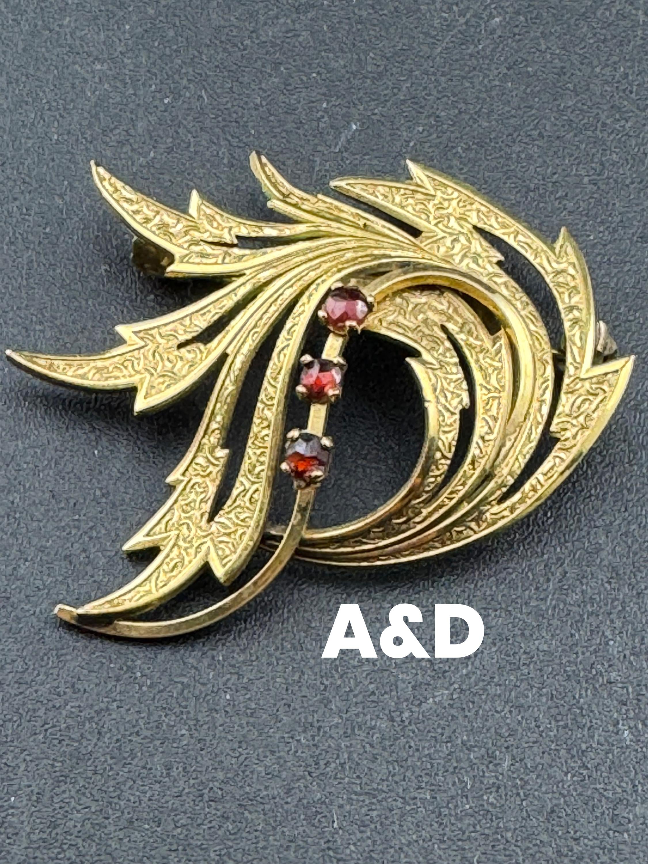 Signed A and D Rolled Gold textured abstract brooch with 3 garnet gemstones 1950s