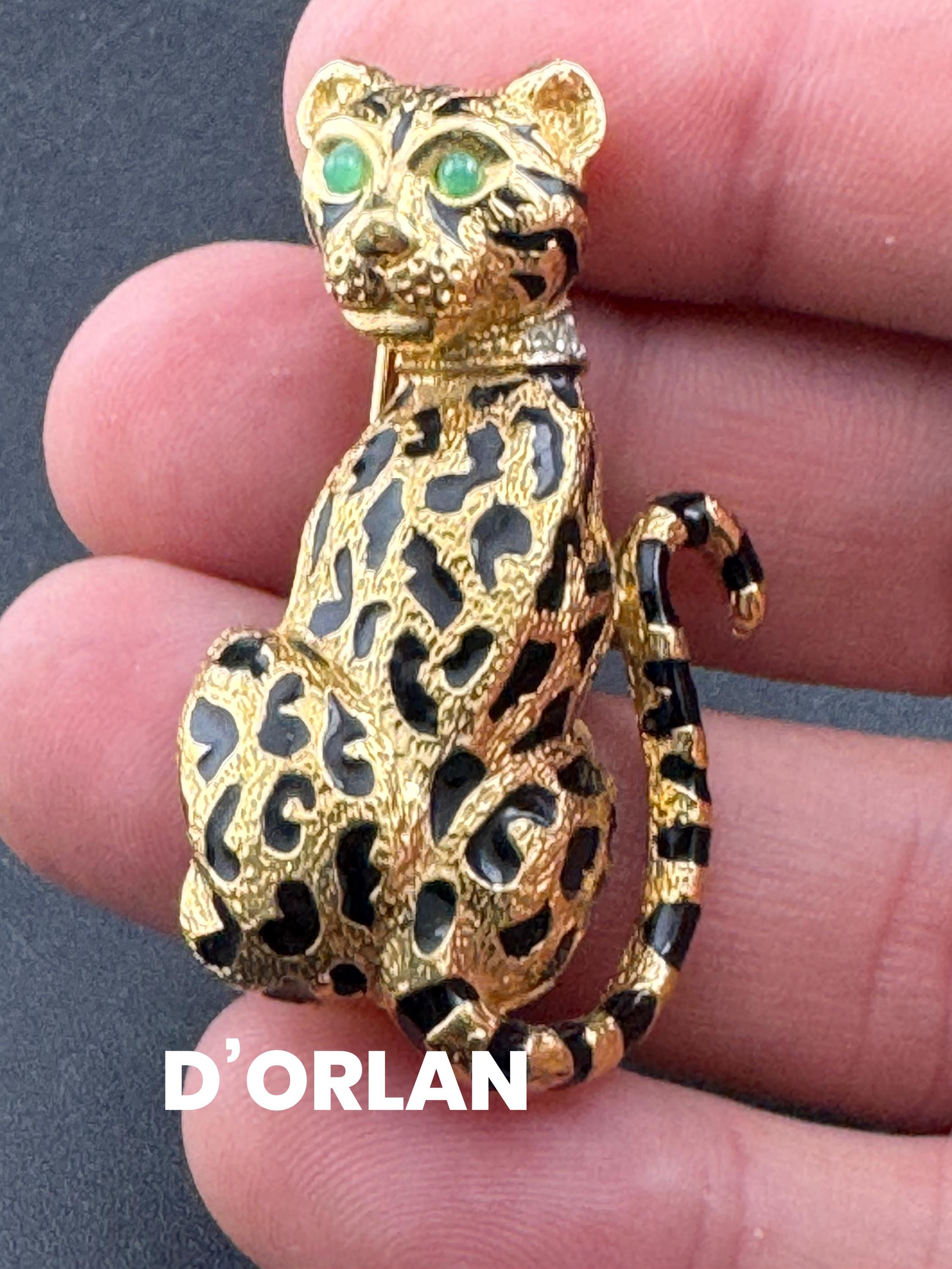 signed D'orlan Vintage novelty black enamel big cat leopard brooch designer