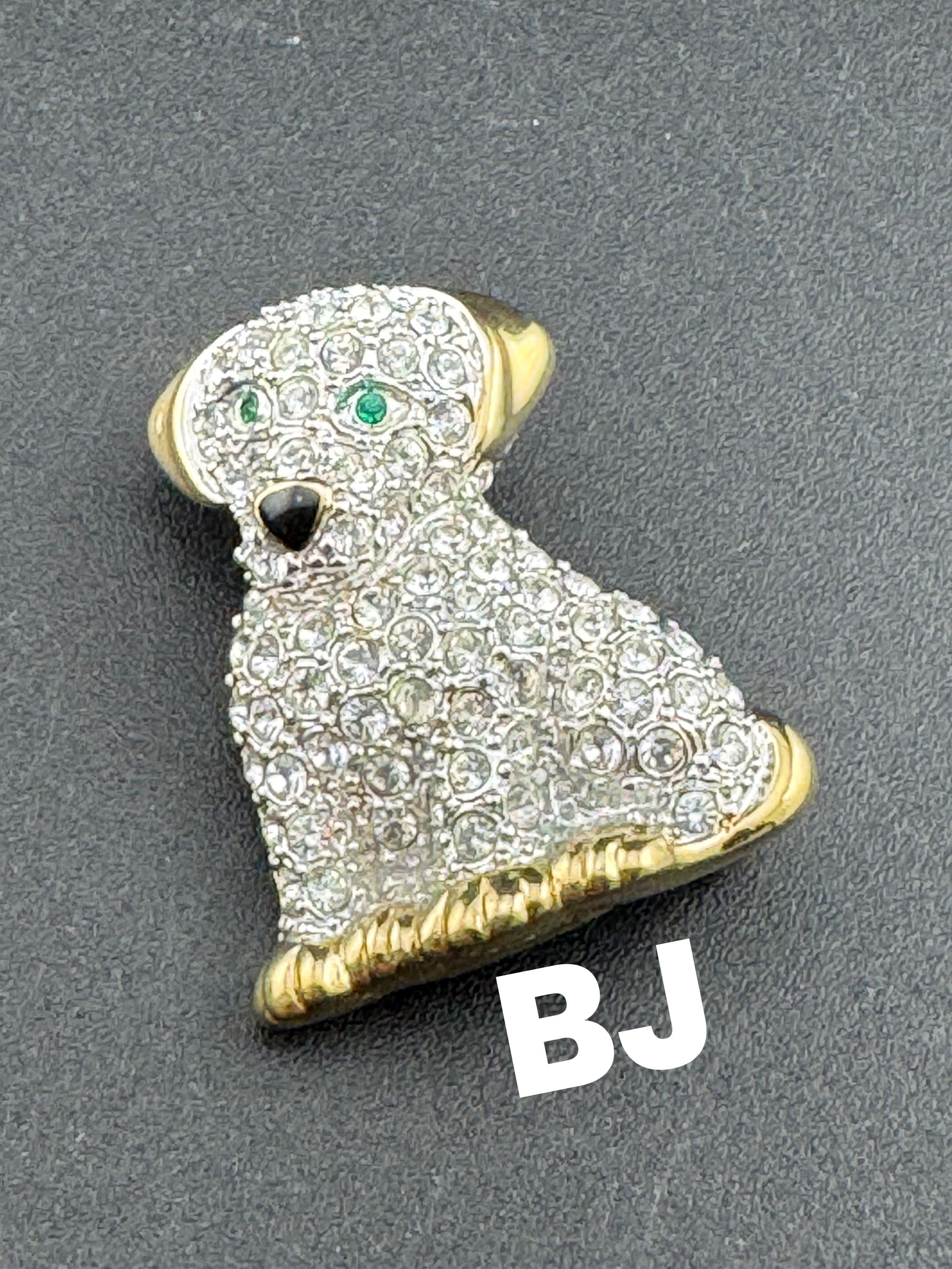 BJ signed clear rhinestone puppy dog brooch gold tone 1970s 1980s