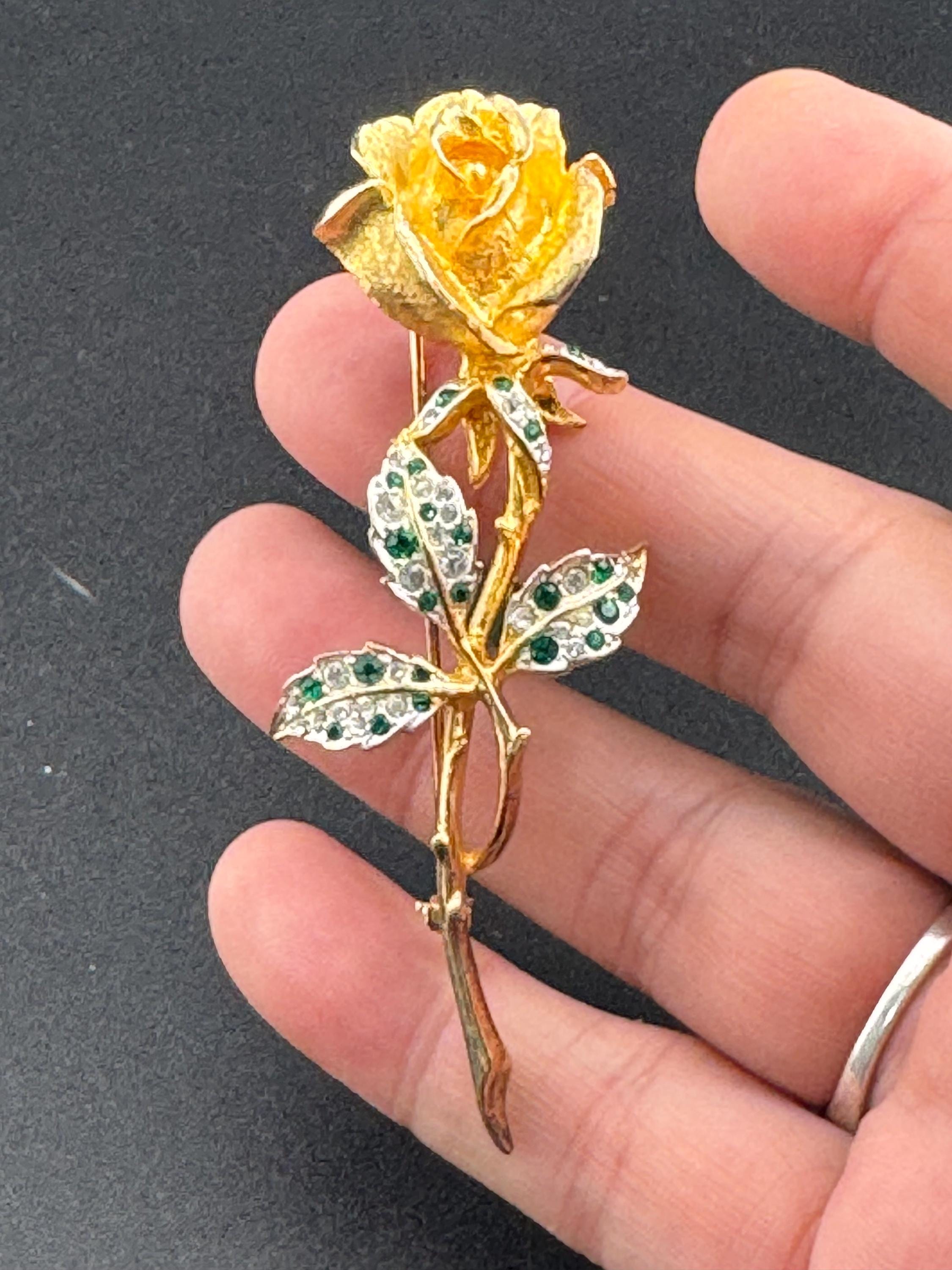 Signed Carven Paris Vintage Rose Brooch: Emerald Rhinestones, Gold Tone