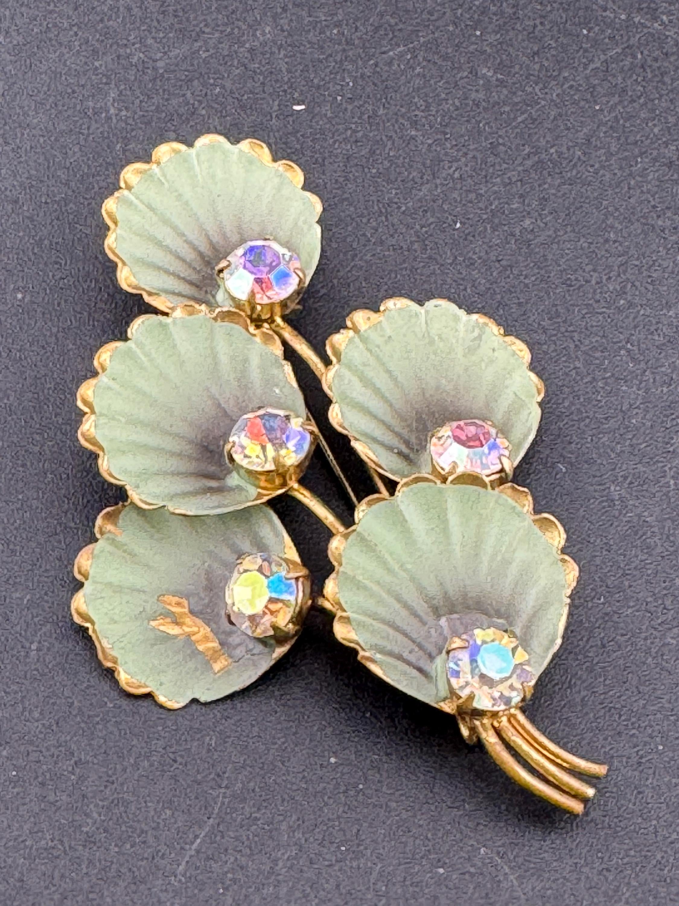 Vintage Floral Enamel Brooch: Aurora Borealis Rhinestones, Gold Tone