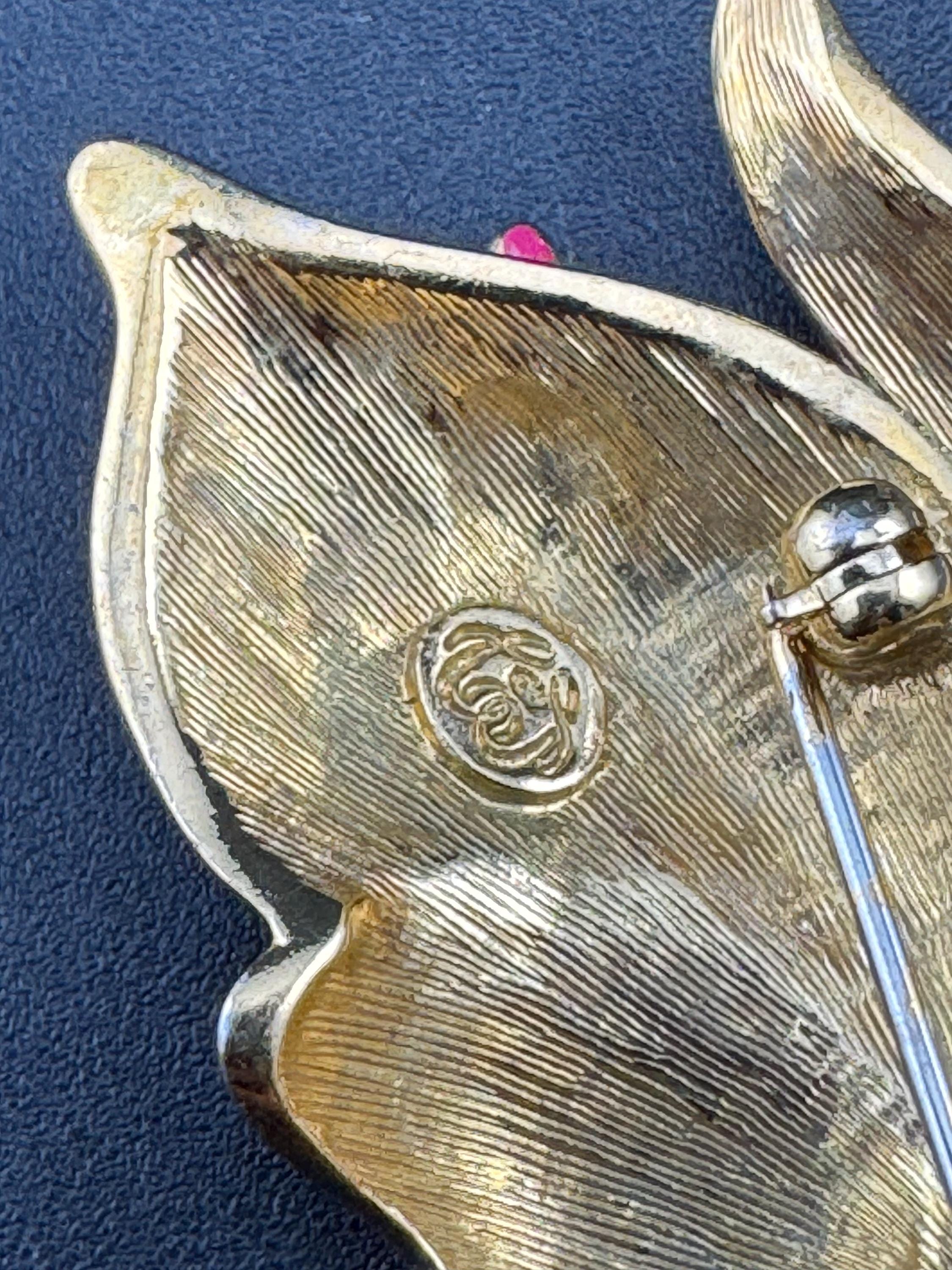 Vintage Signed Floral Brooch: Pink Enamel Diamanté, Gold Plated