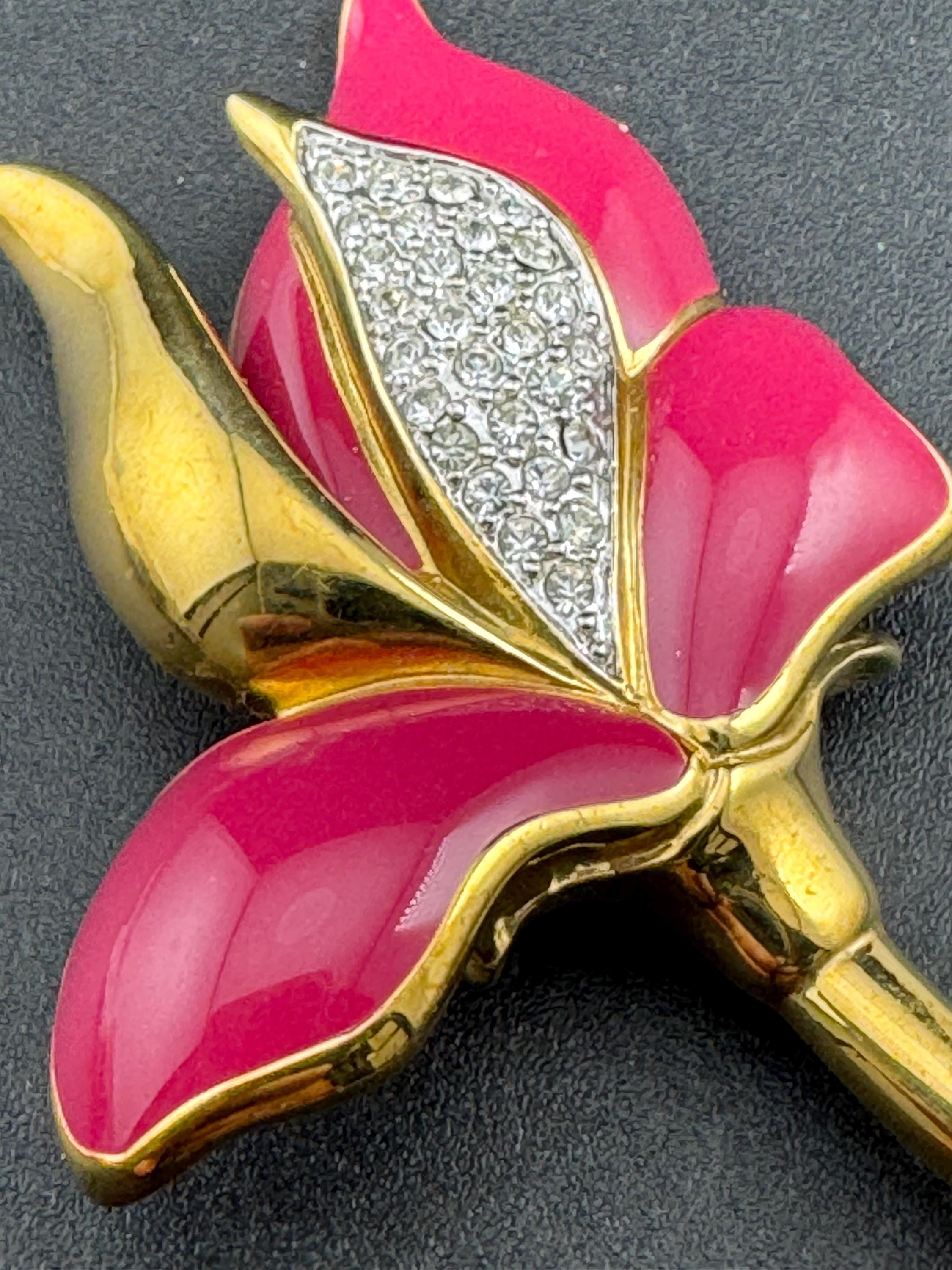 Vintage Signed Floral Brooch: Pink Enamel Diamanté, Gold Plated