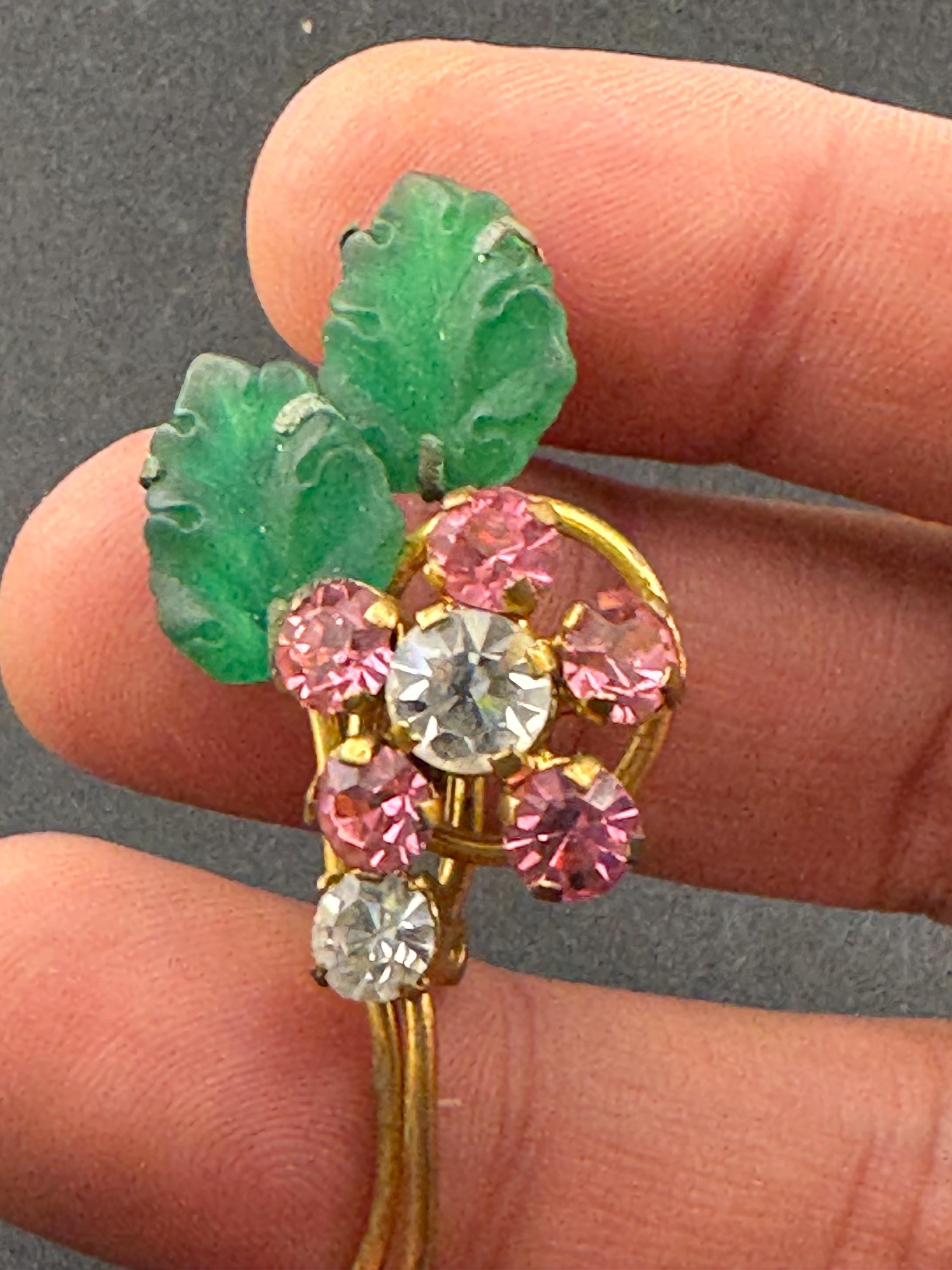 Vintage pink rhinestone paste Diamanté gold tone floral Brooch with frosted cabochon leaves