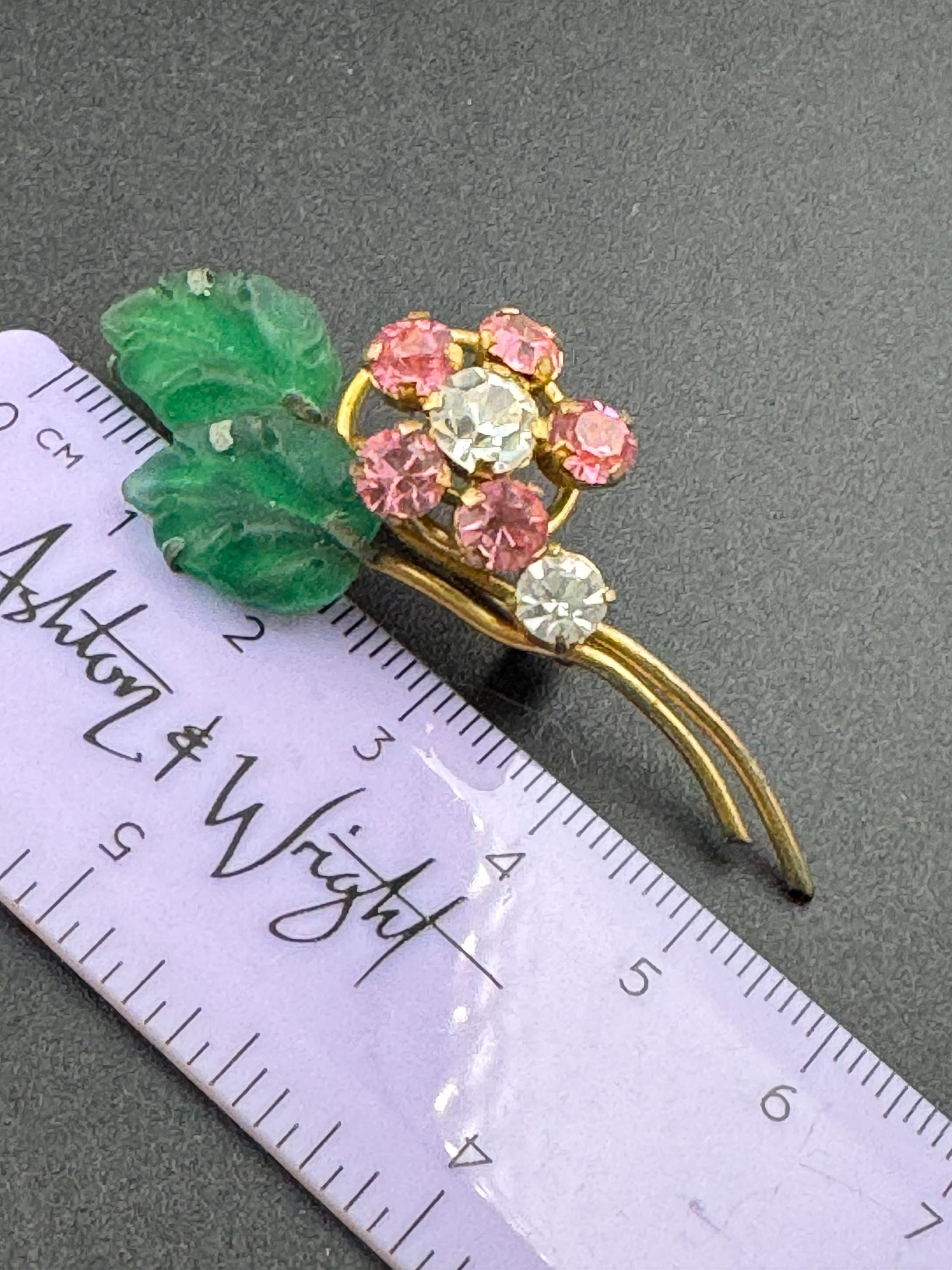 Vintage pink rhinestone paste Diamanté gold tone floral Brooch with frosted cabochon leaves