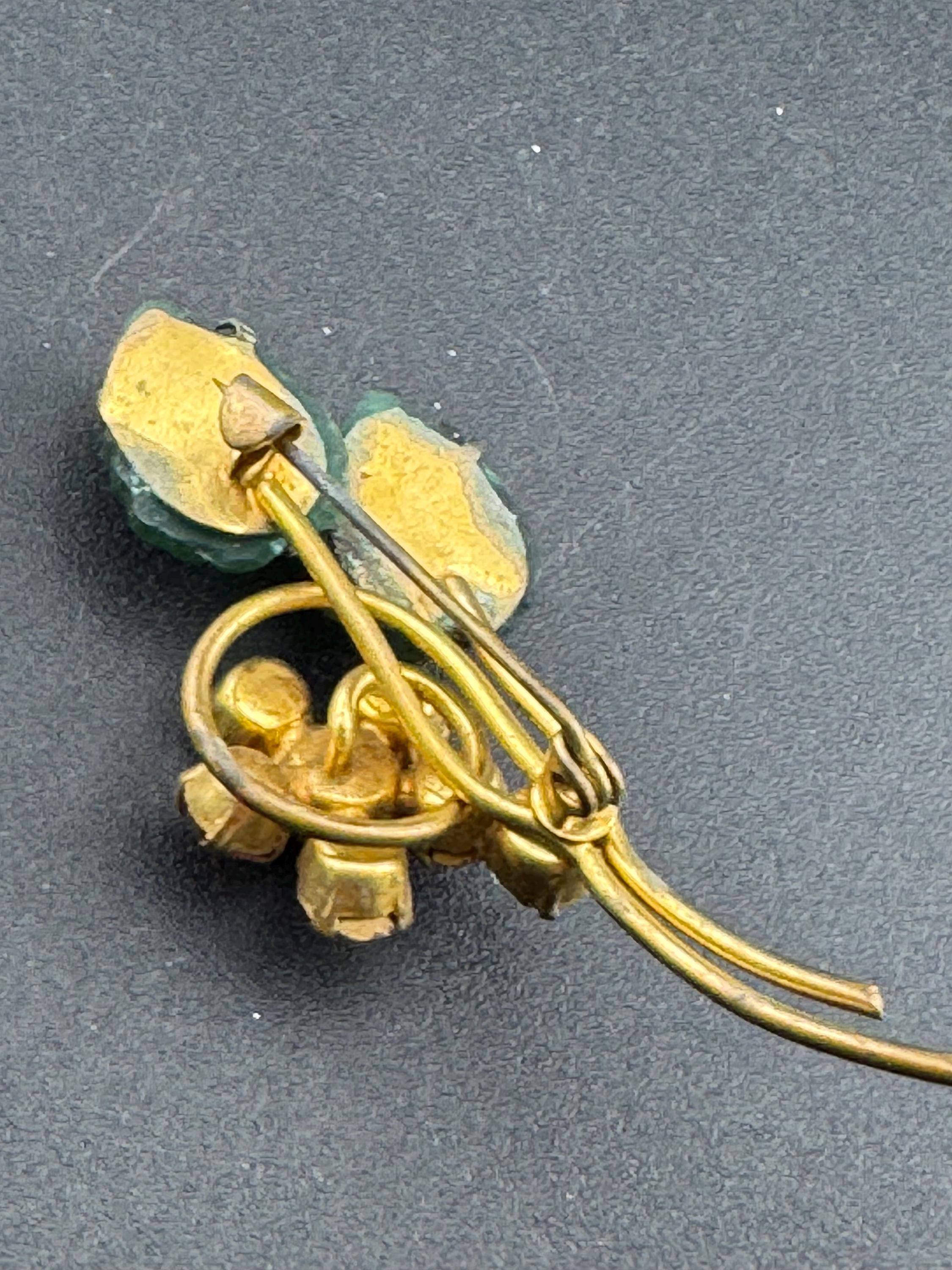 Vintage pink rhinestone paste Diamanté gold tone floral Brooch with frosted cabochon leaves