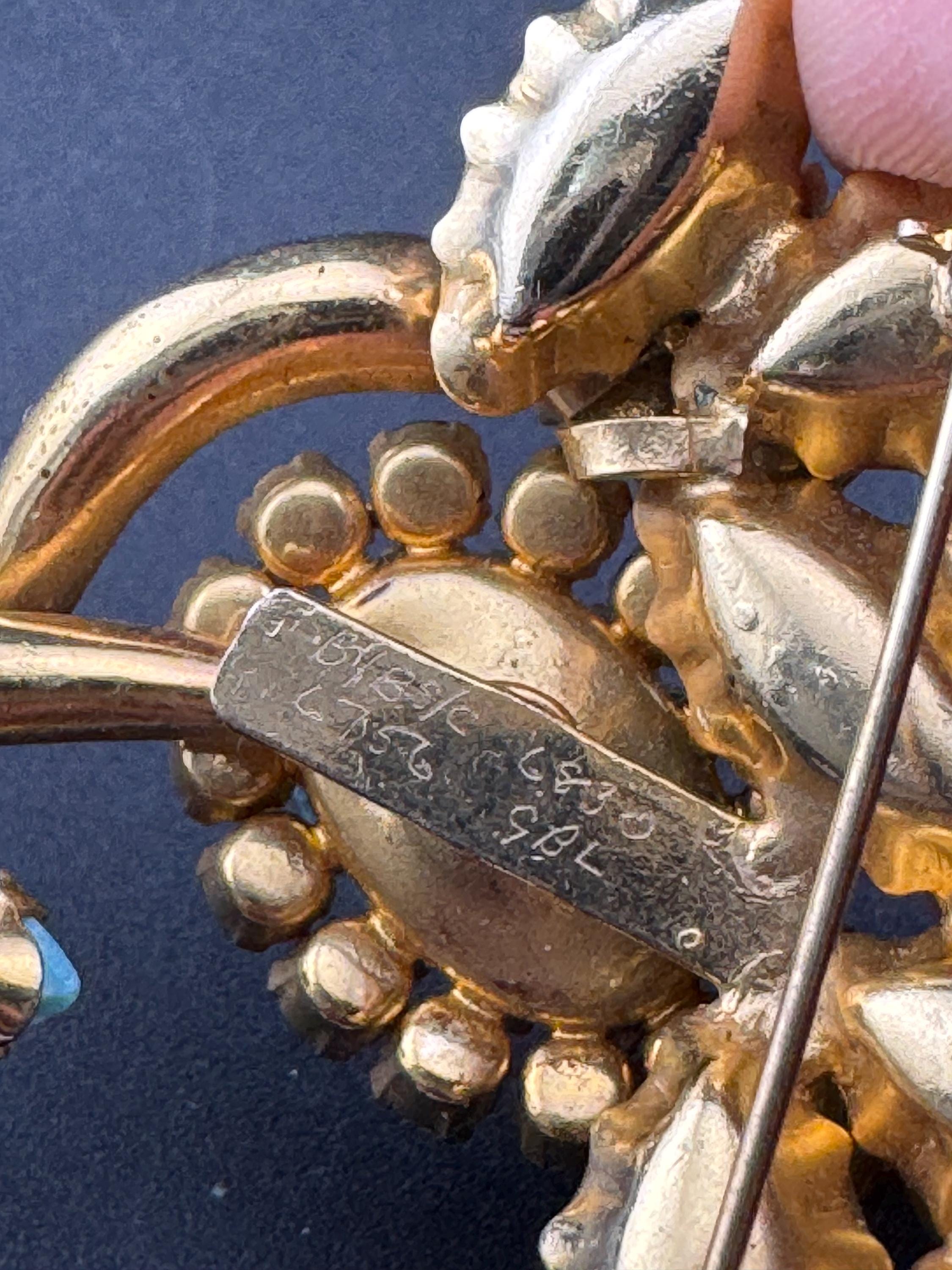 gold tone turquoise cabochon and amethyst rhinestone large floral  statement brooch 1960s