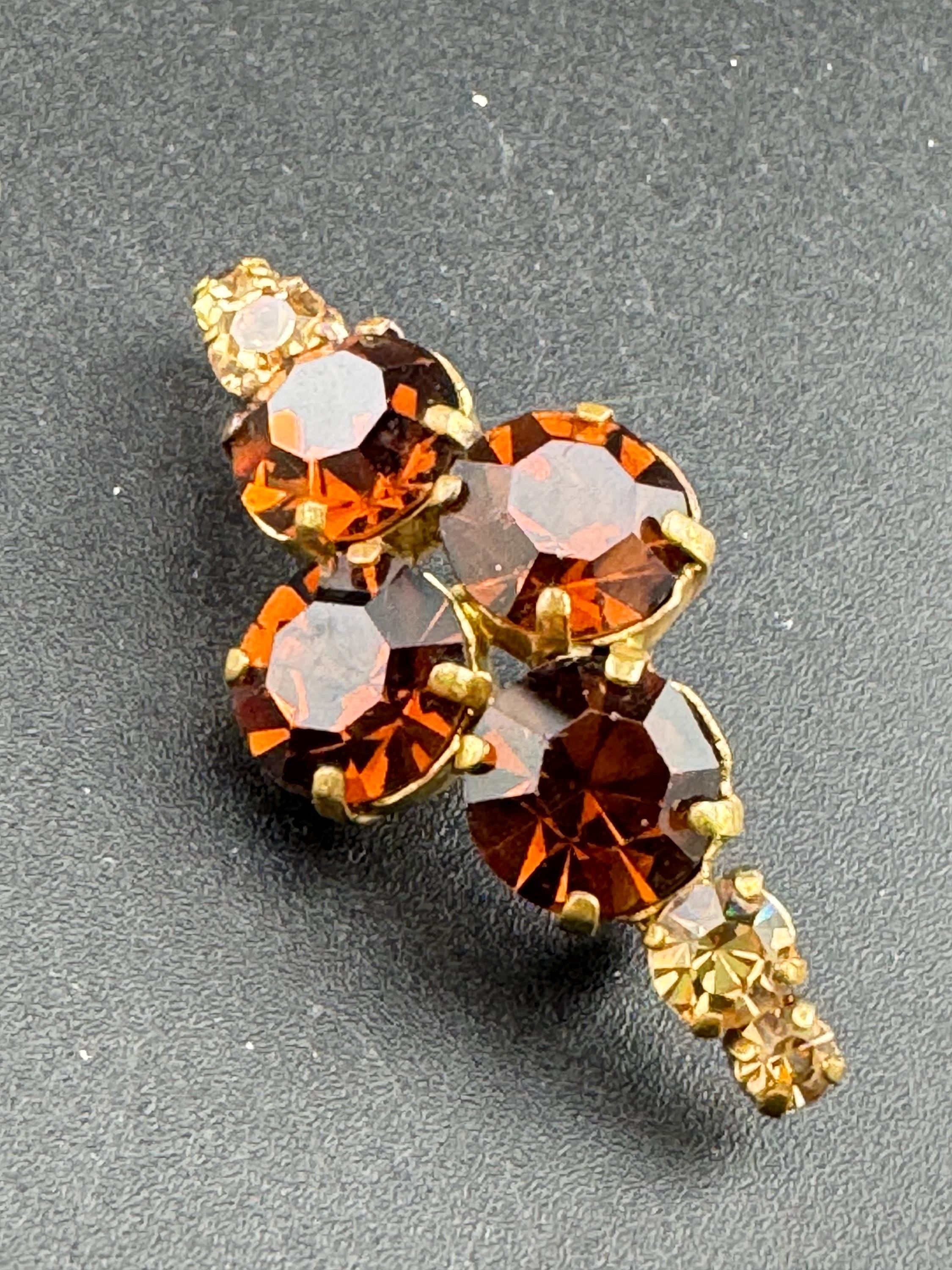 vintage gold tone brown cognac rhinestone glass 5cm brooch