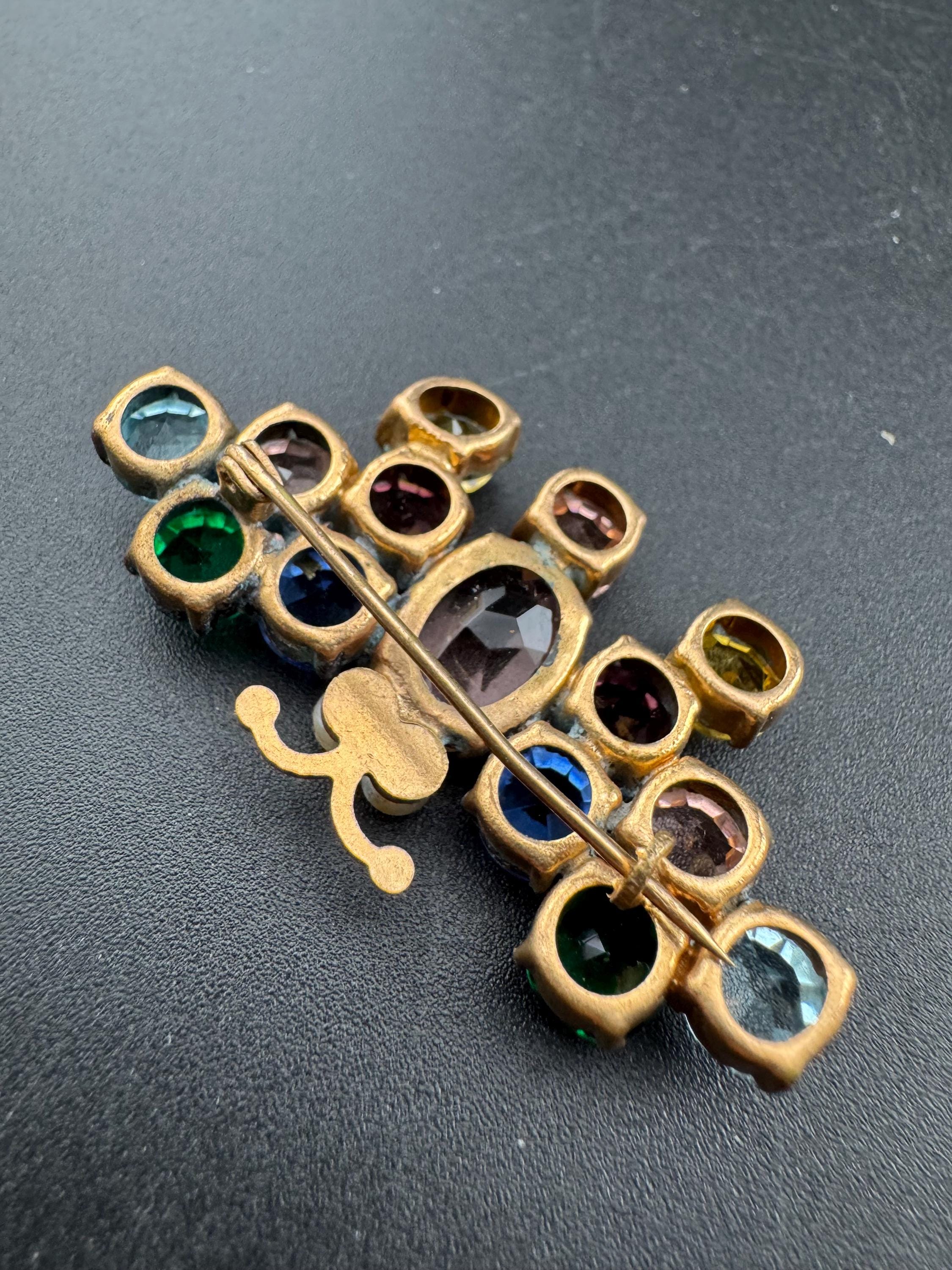 Antique Edwardian gold tone rainbow diamanté crystal butterfly brooch with faux pearls