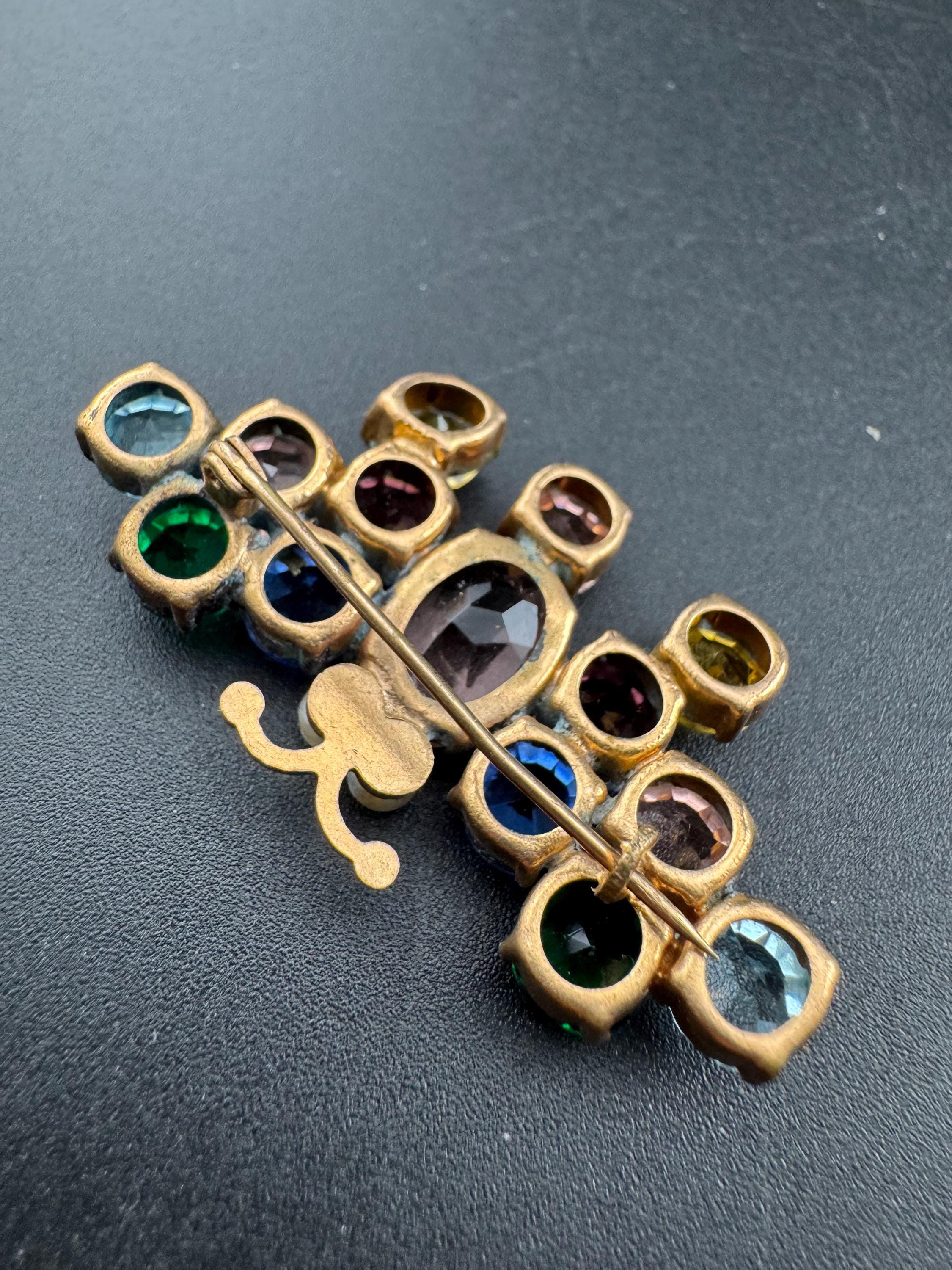 Antique Edwardian gold tone rainbow diamanté crystal butterfly brooch with faux pearls