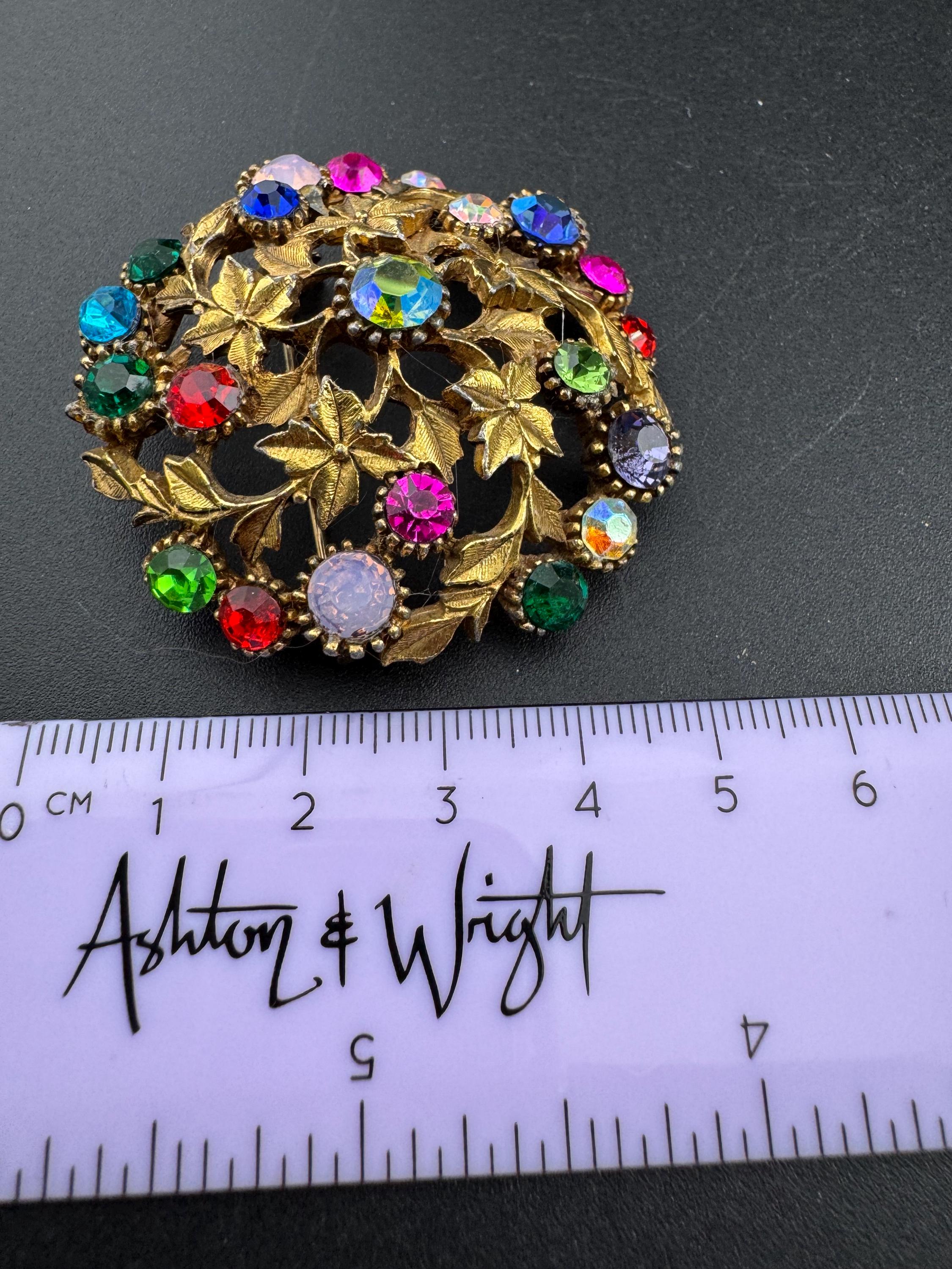Vintage large 5cm domed Rainbow Rhinestone diamante Brooch set with vine leaves