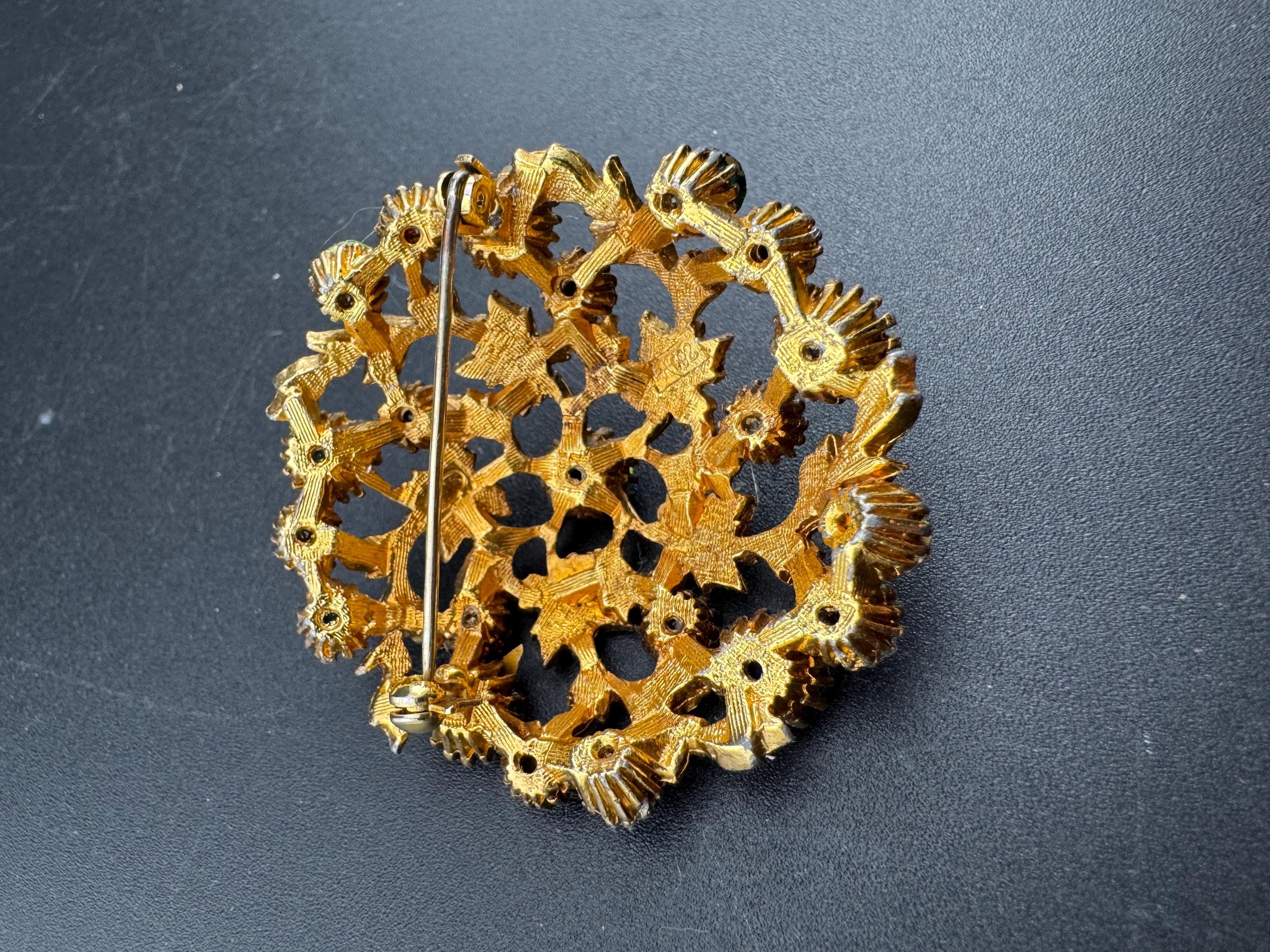 Vintage large 5cm domed Rainbow Rhinestone diamante Brooch set with vine leaves