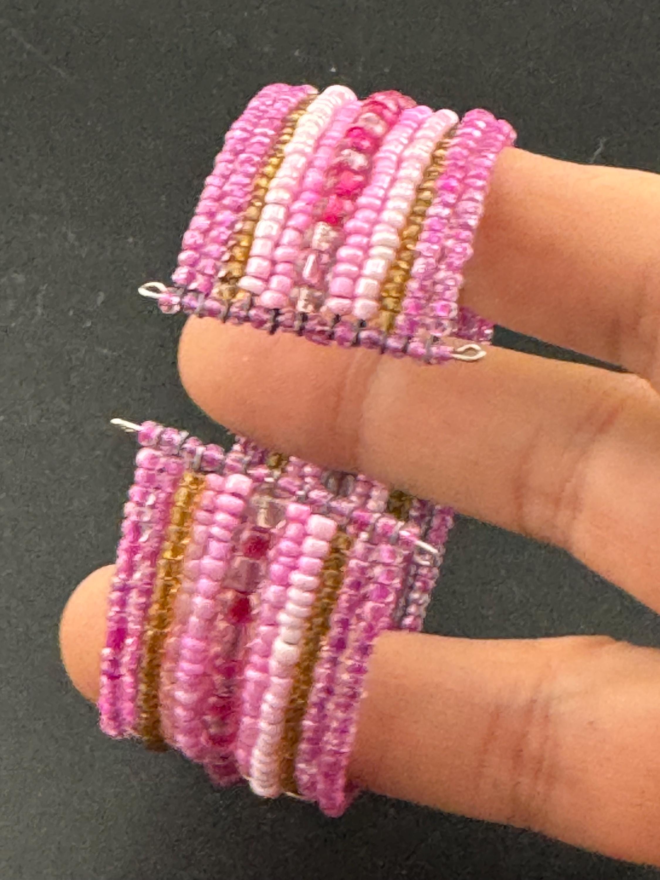 Retro PINK wide glass beaded wide wrap round adjustable bangle bracelets, boho festival vibes