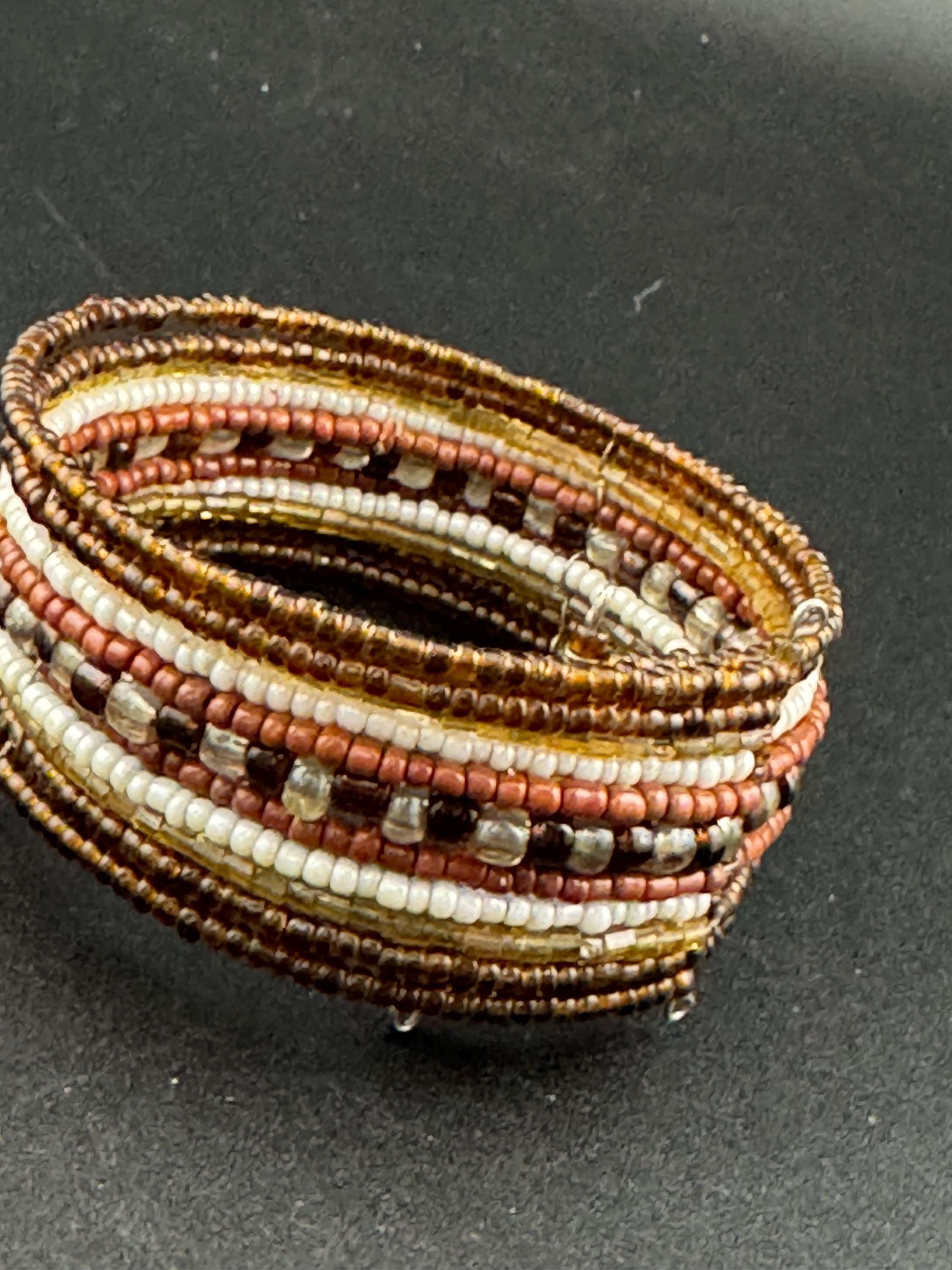 Retro BROWN wide glass beaded wide wrap round adjustable bangle bracelets, boho festival vibes