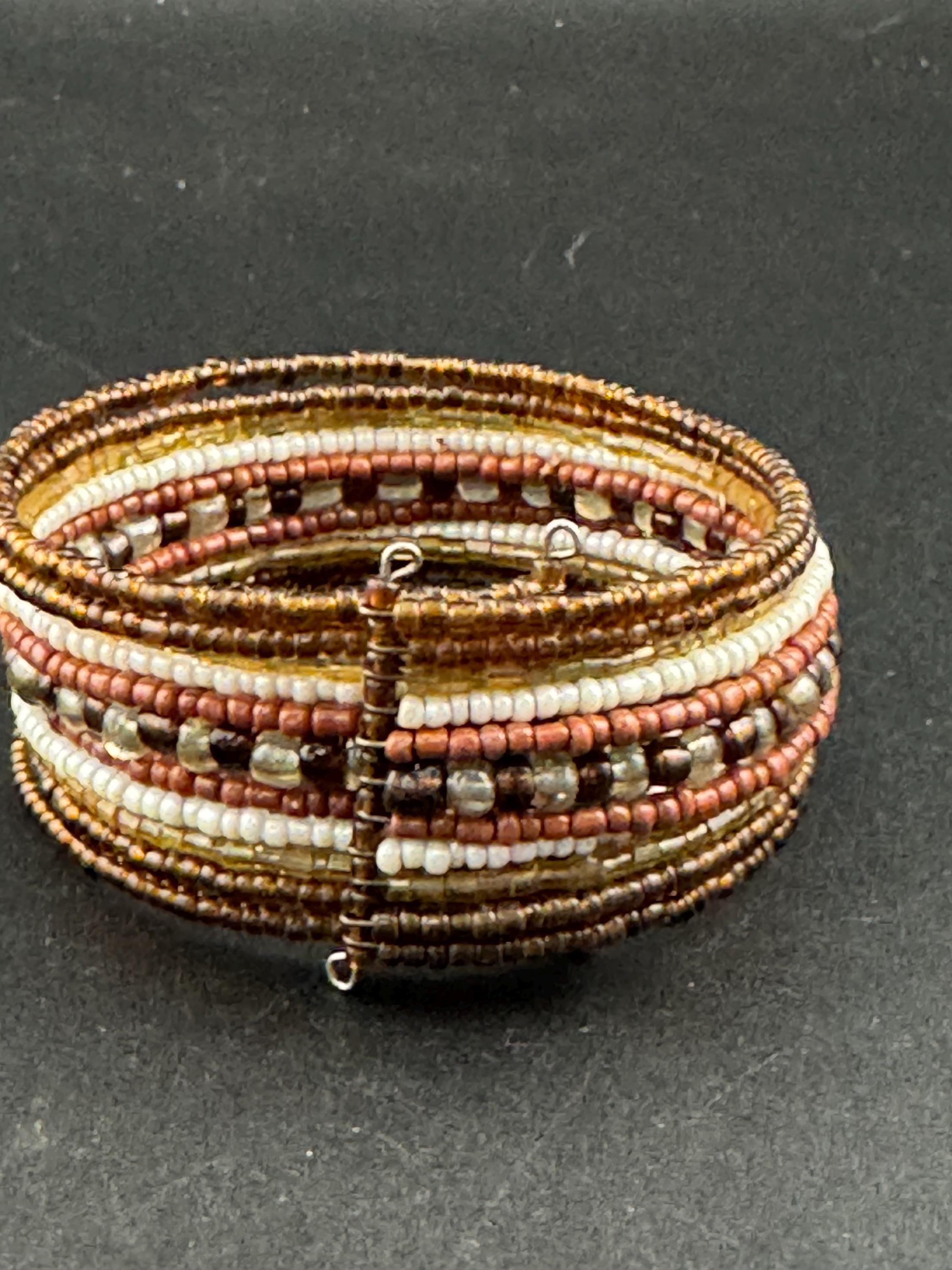 Retro BROWN wide glass beaded wide wrap round adjustable bangle bracelets, boho festival vibes
