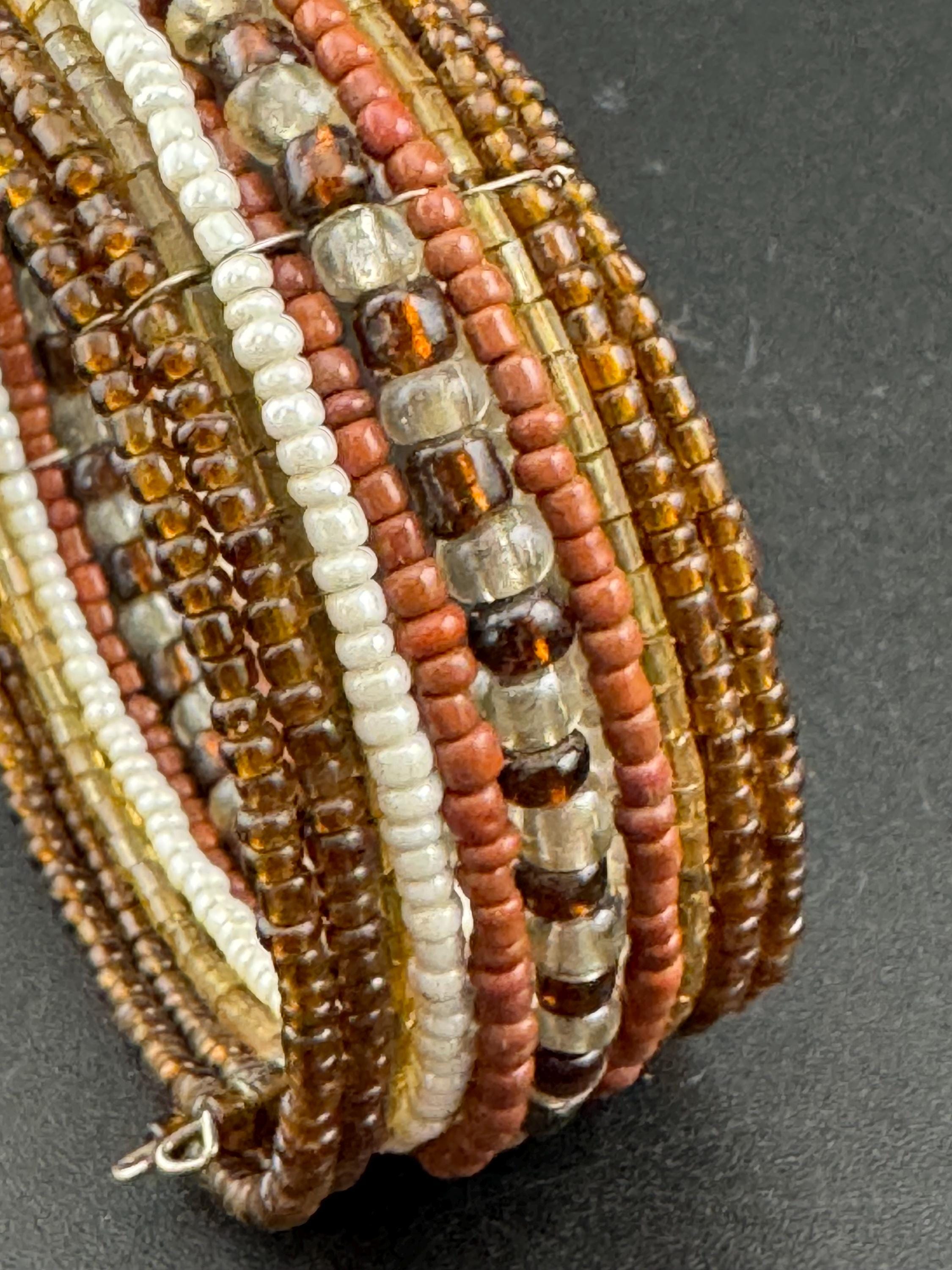 Retro BROWN wide glass beaded wide wrap round adjustable bangle bracelets, boho festival vibes