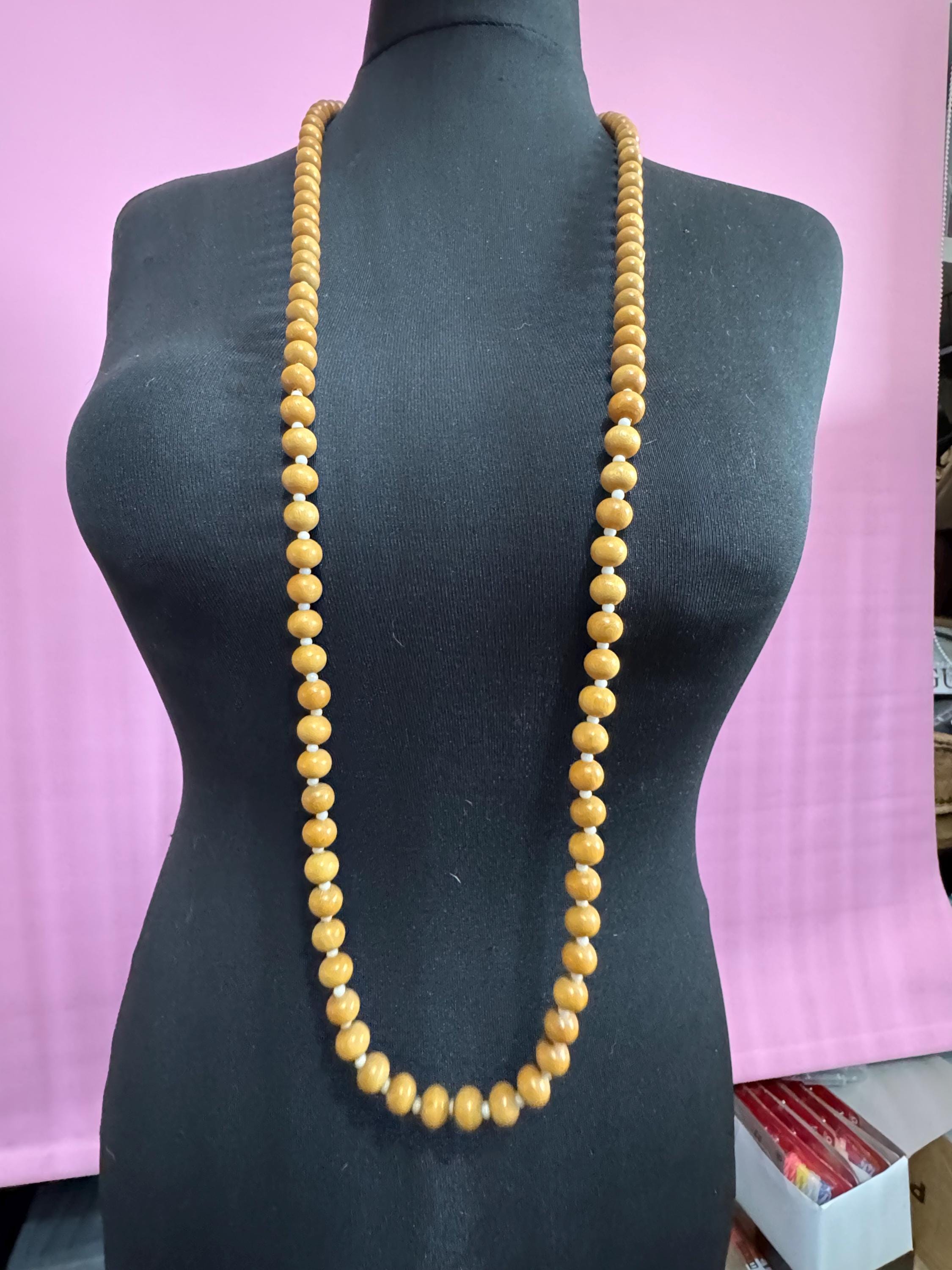 long vintage light brown wooden natural round beaded layering necklace boho festival jewellery