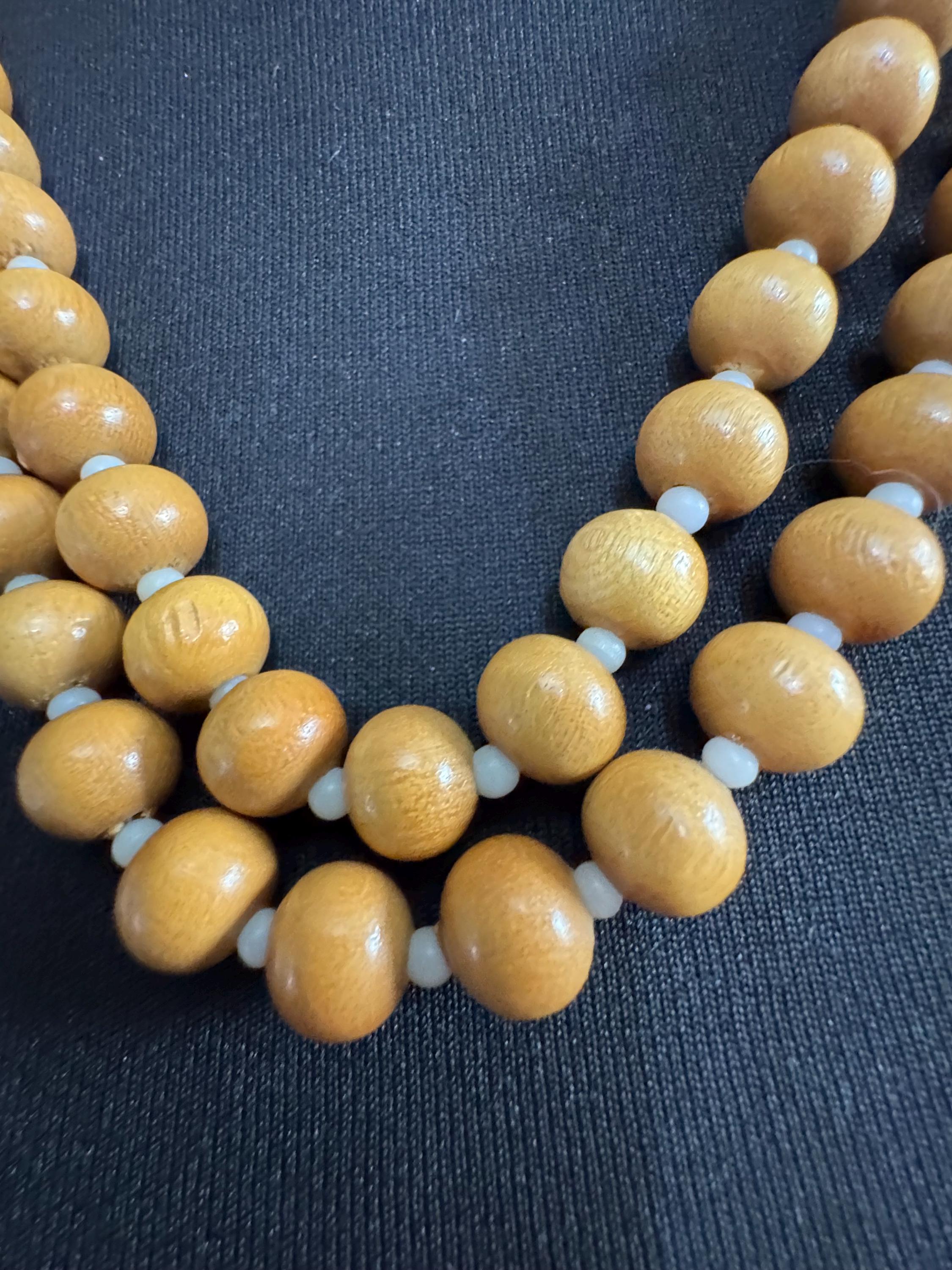 long vintage light brown wooden natural round beaded layering necklace boho festival jewellery