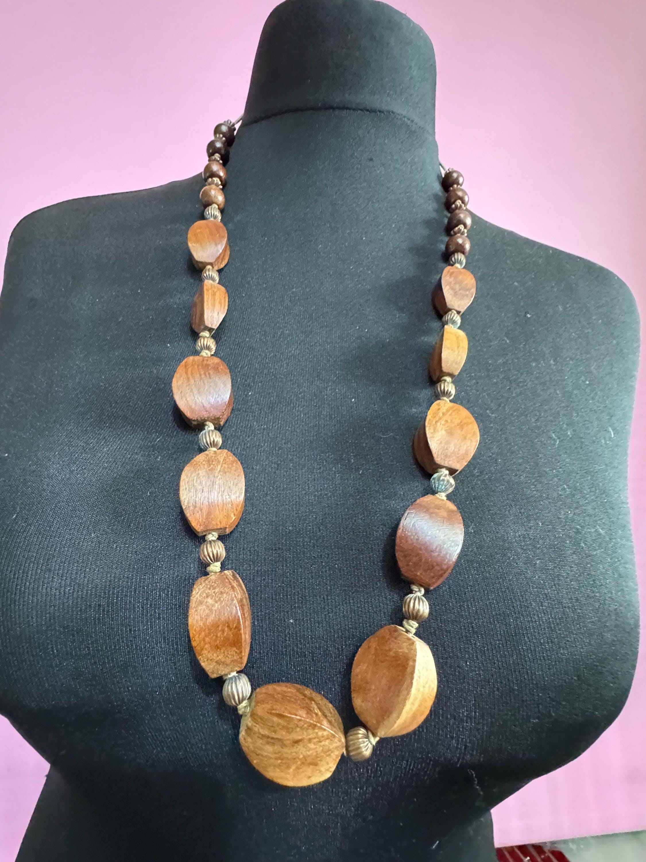 long vintage dark brown natural wooden beaded necklace boho festival jewellery