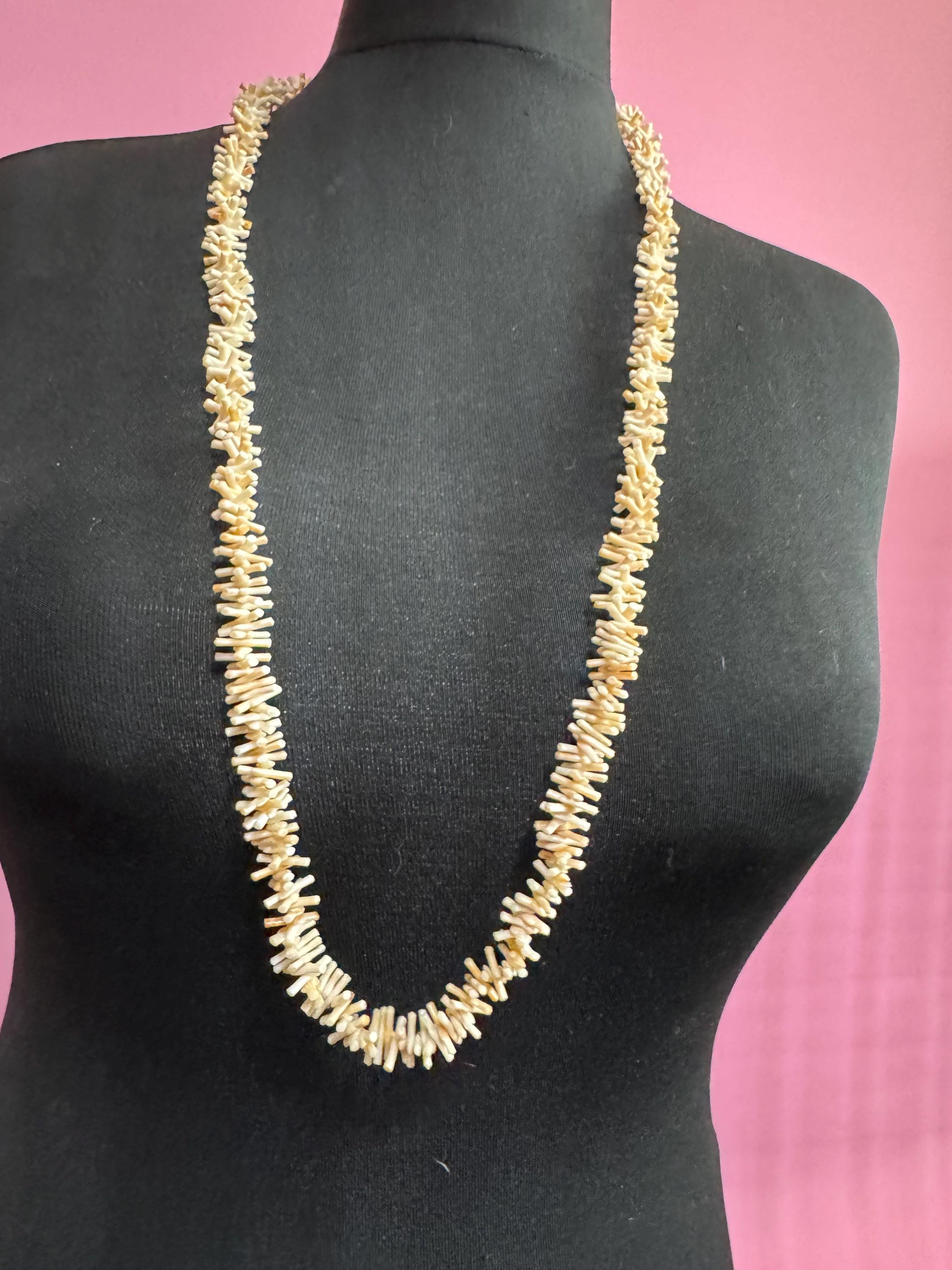 Retro Stick Branch pale pink cream FAUX Coral plastic Beaded long layering necklace