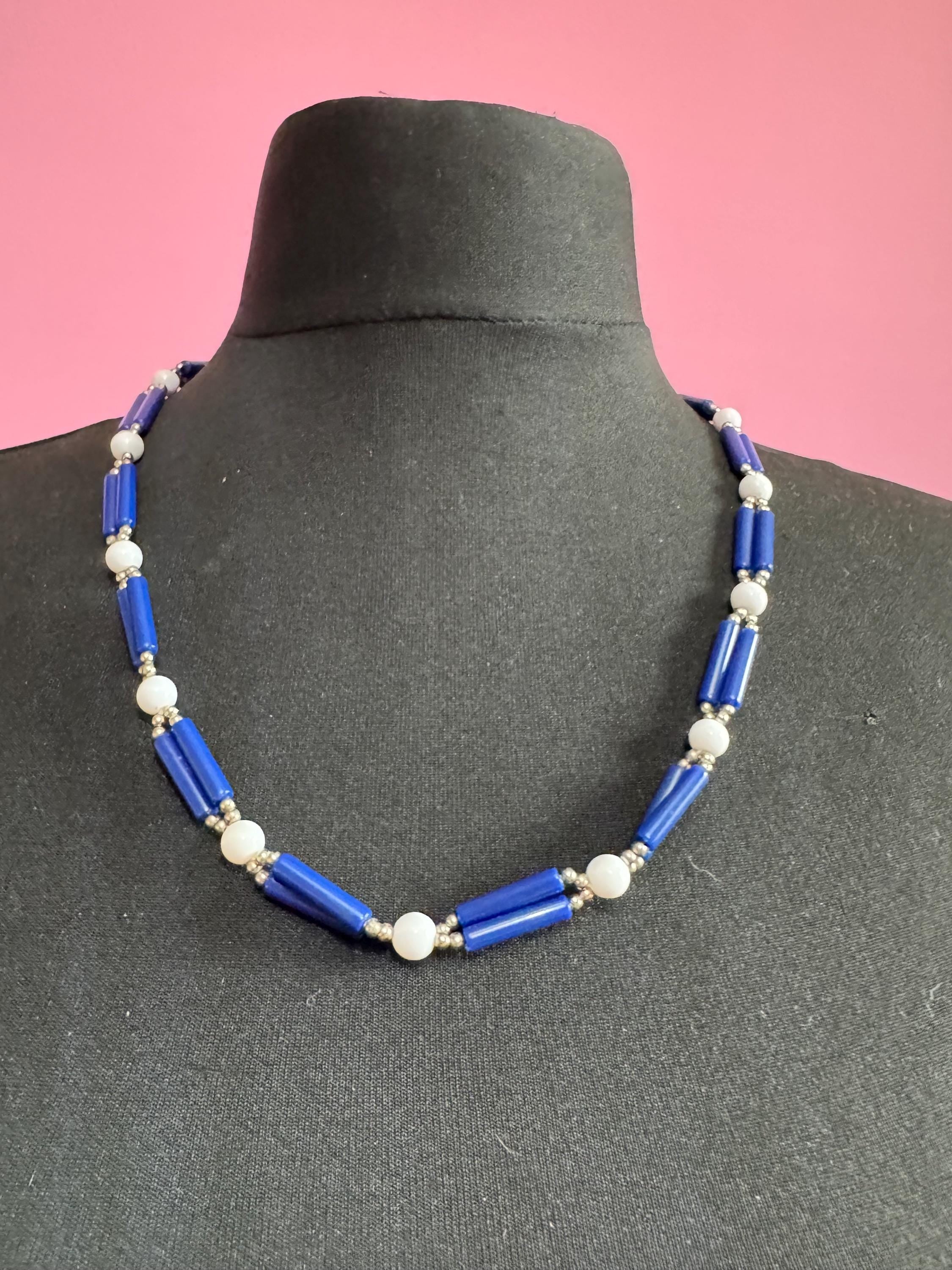 Vintage 1970s Multistrand Necklace: Navy Blue & White Plastic Chain