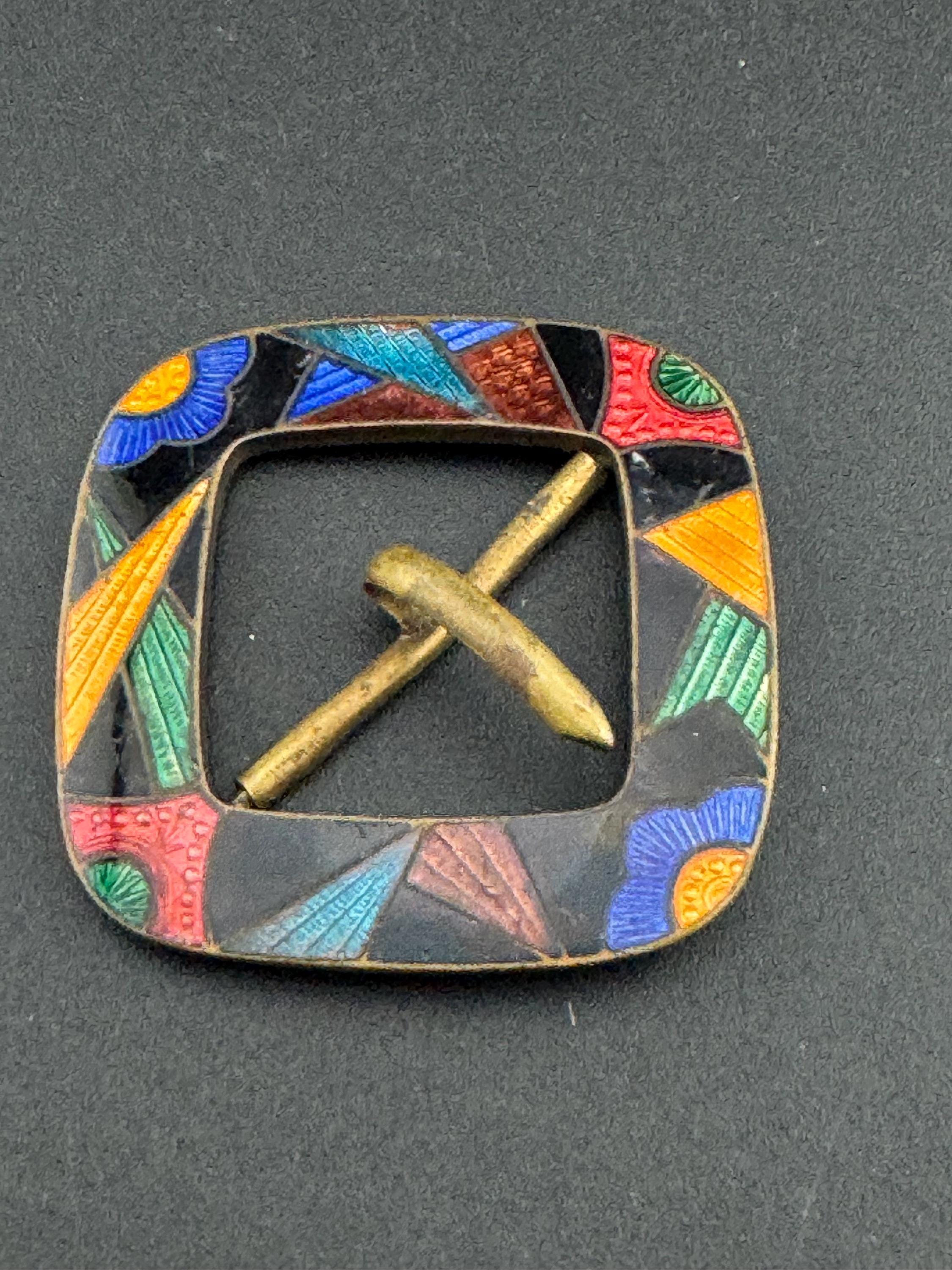 Antique Art Deco czech red blue green orange guilloche square Enamel Belt Buckle 1910s 1920s Sewing Haberdashery 3.75cm