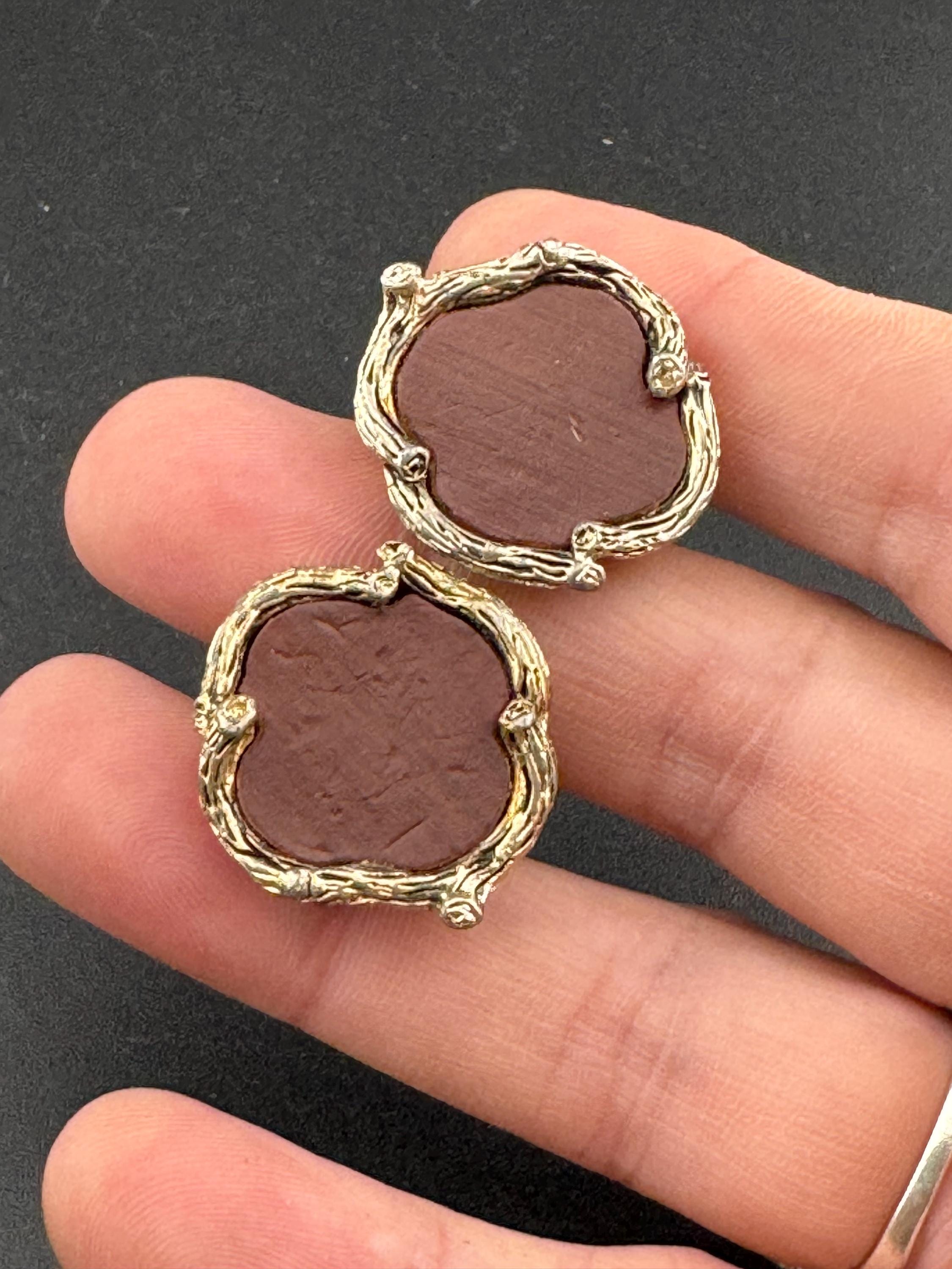 Vintage 1960s Mod Gold Tone Cufflinks: Brown Wood Effect Leather