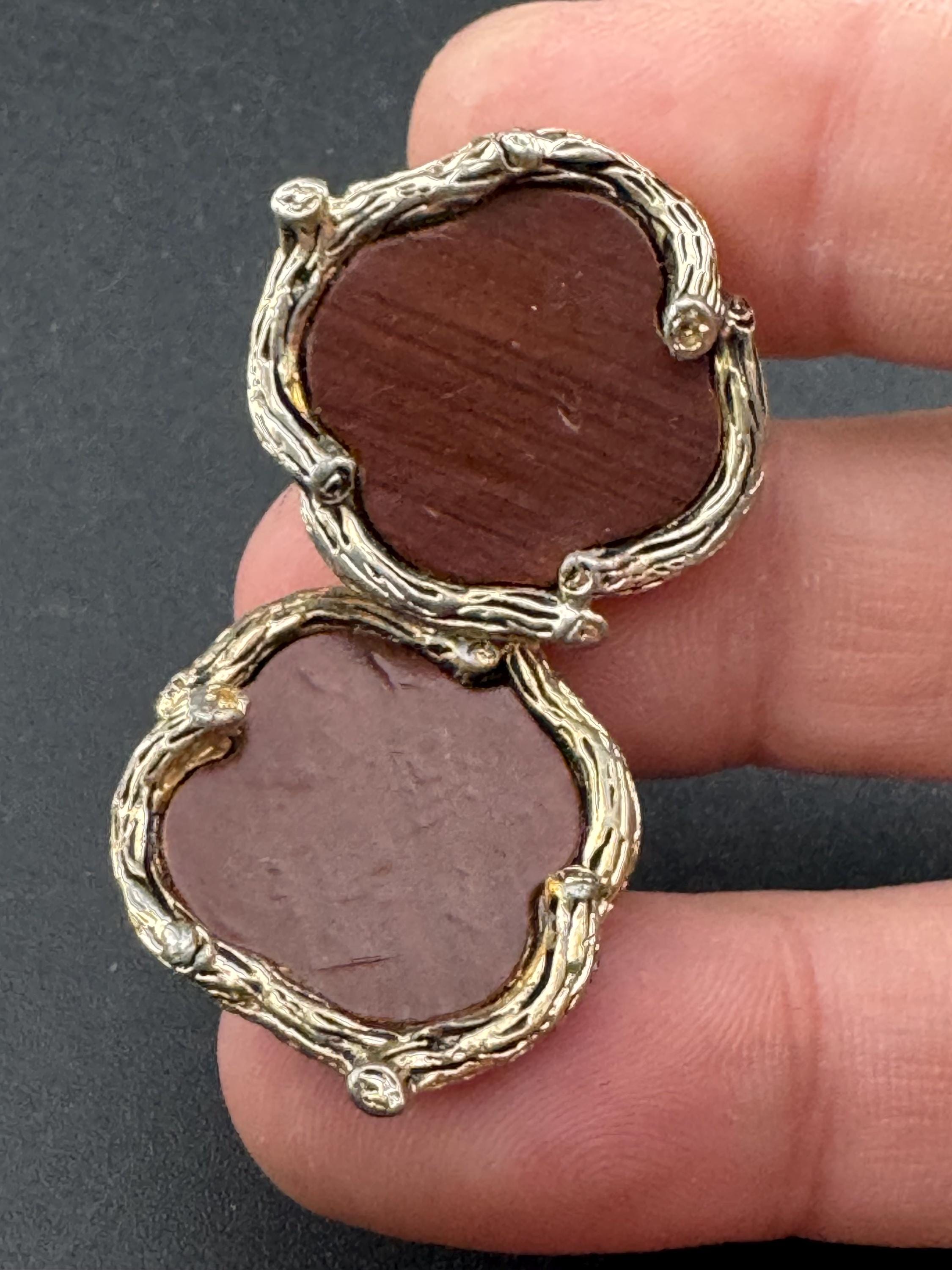 Vintage 1960s Mod Gold Tone Cufflinks: Brown Wood Effect Leather