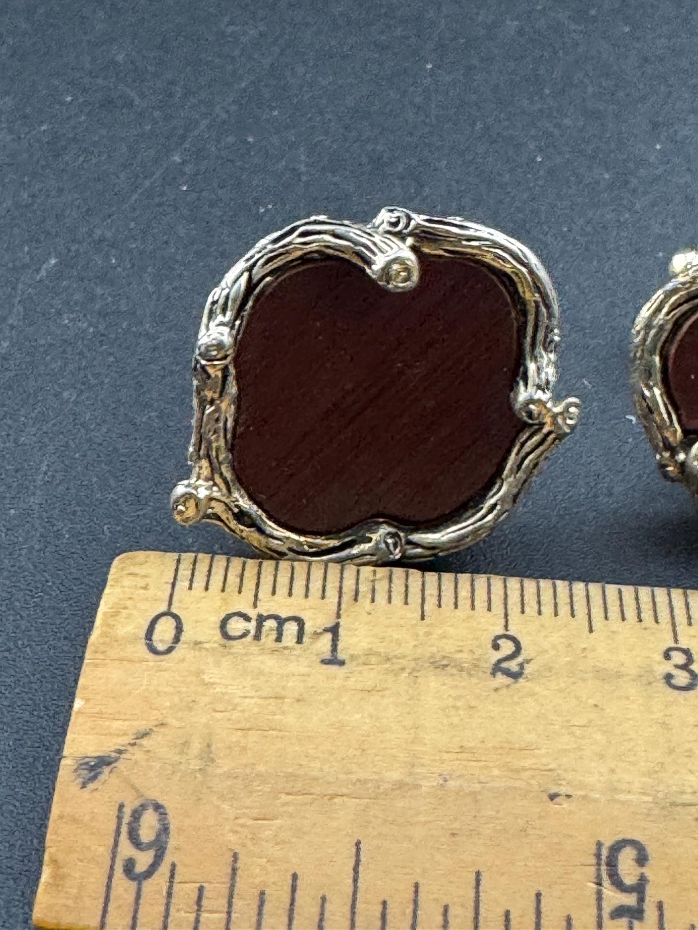 Vintage 1960s Mod Gold Tone Cufflinks: Brown Wood Effect Leather