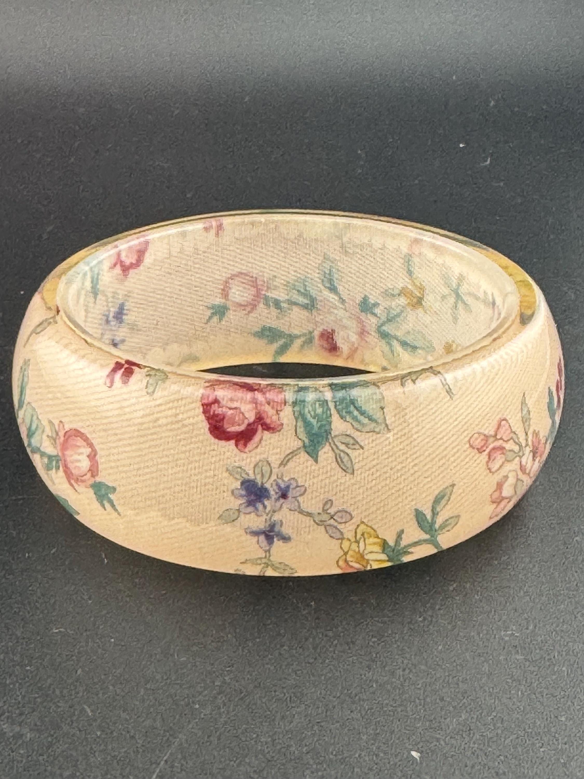 Oversized soft peach pastel floral wide cuff bangle bracelet stacking layering Vintage boho festival