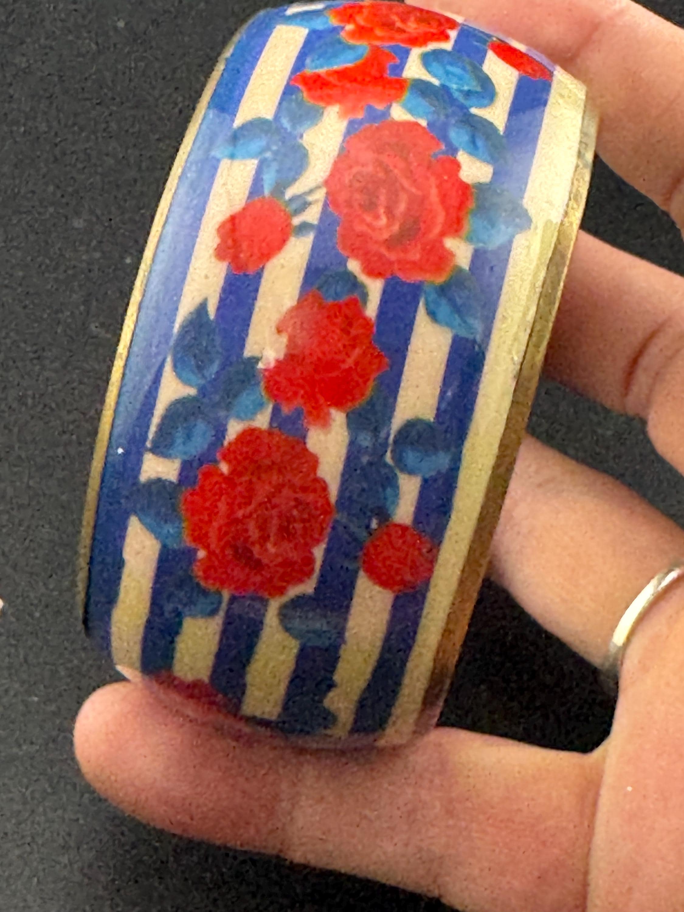 Retro red floral roses blue striped  brass metal wide acrylic plastic wide summer bangle