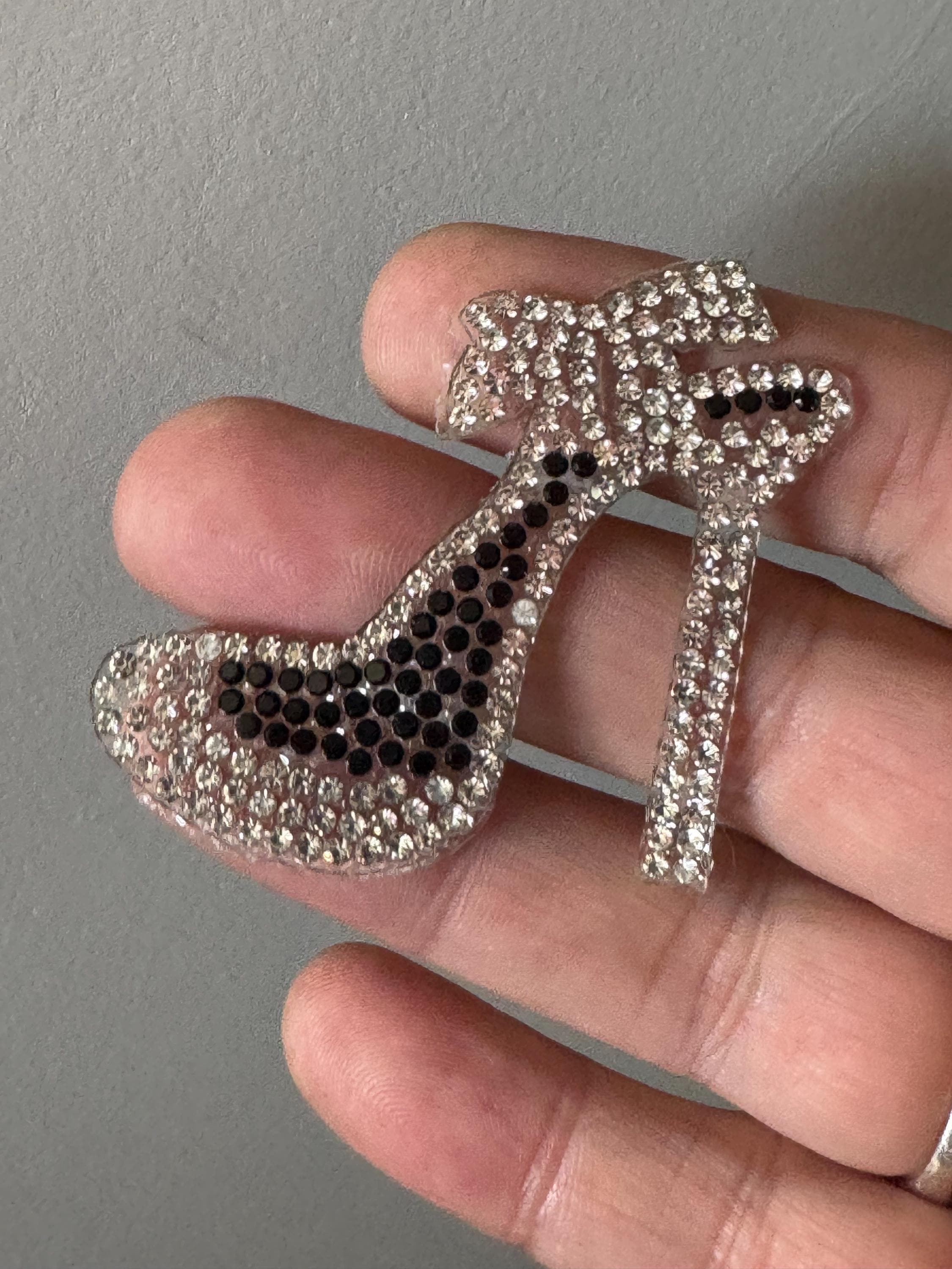Iron on hot fix black and silver high heeled diamanté crystal stiletto shoe patch, sewing applique