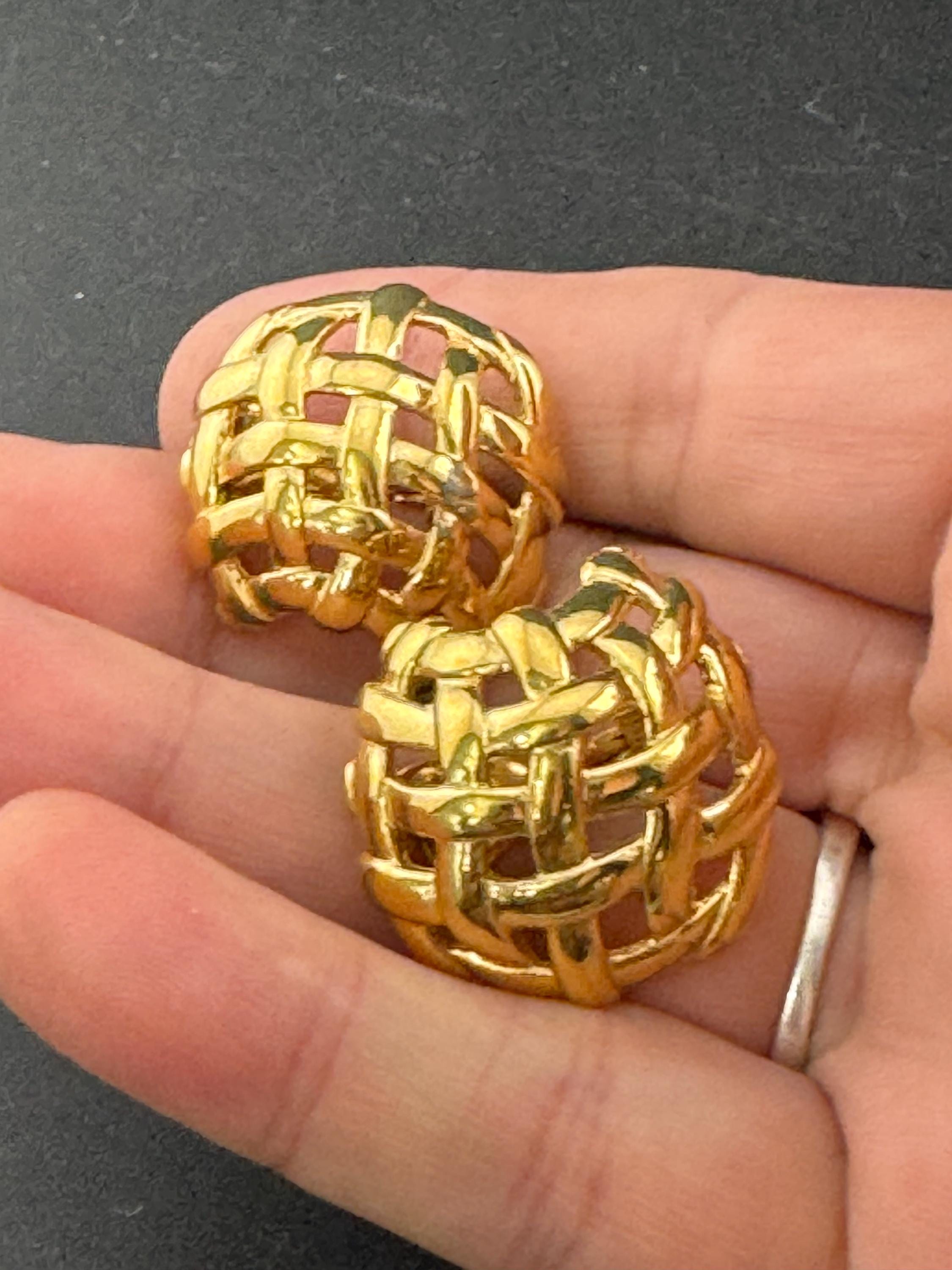 Signed MONET Gold tone textured woven domed basket weave clip on earrings