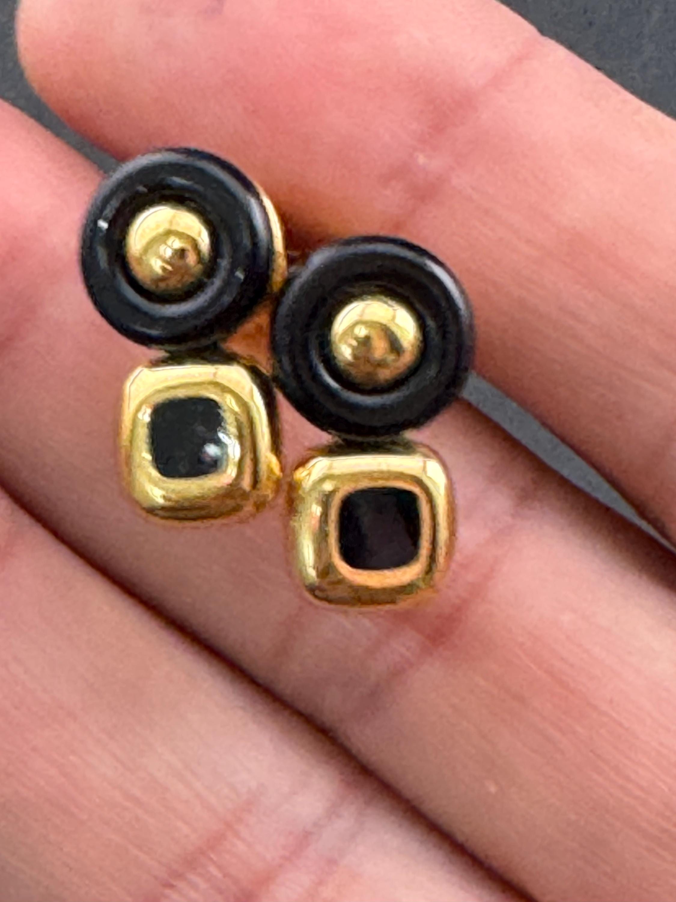 Signed MONET Gold tone black cabochon clip on earrings