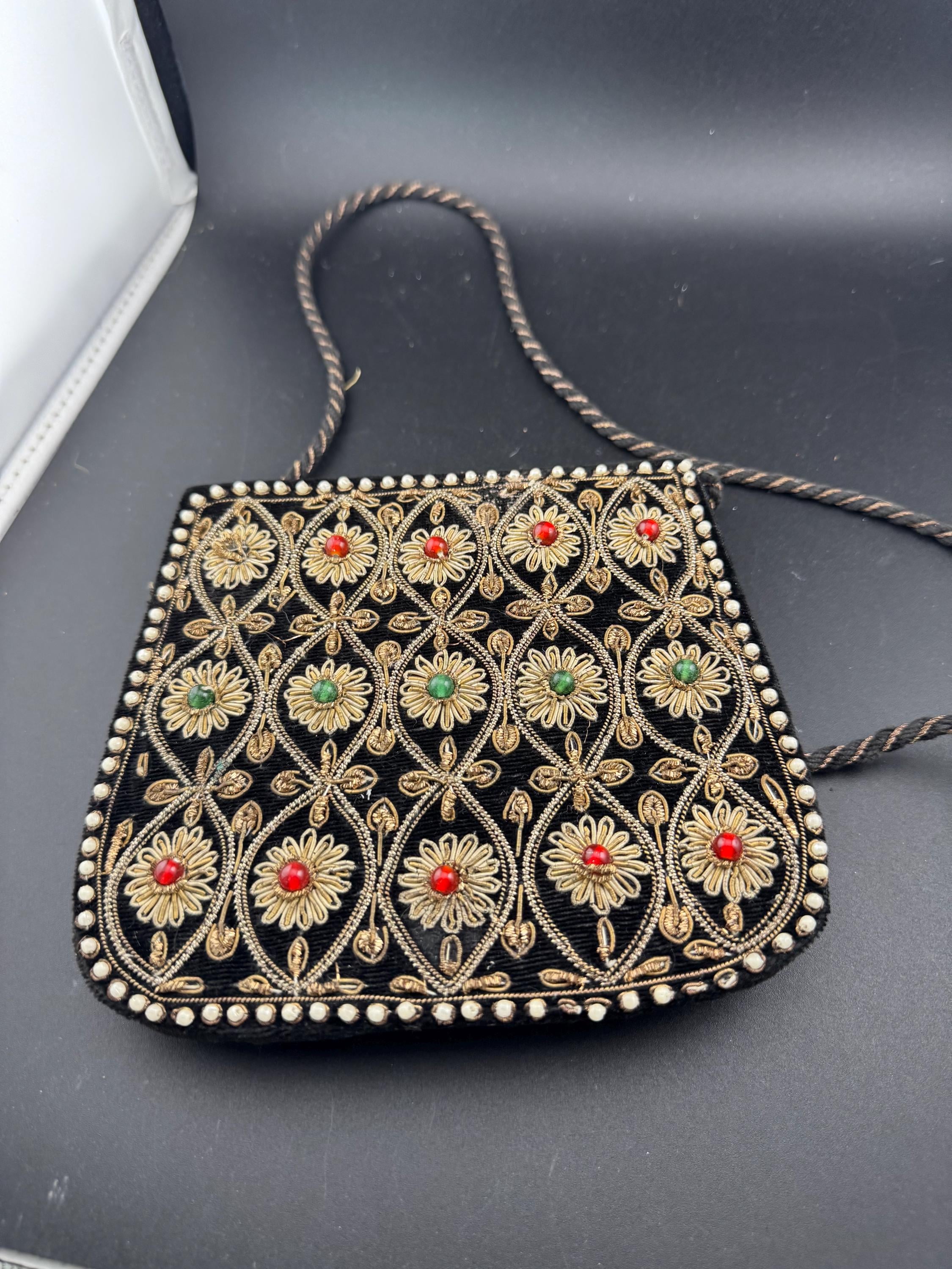 Vintage retro Indian zardozi evening bag purse black velvet with gold wire thread work and blue and green glass beads 1960s