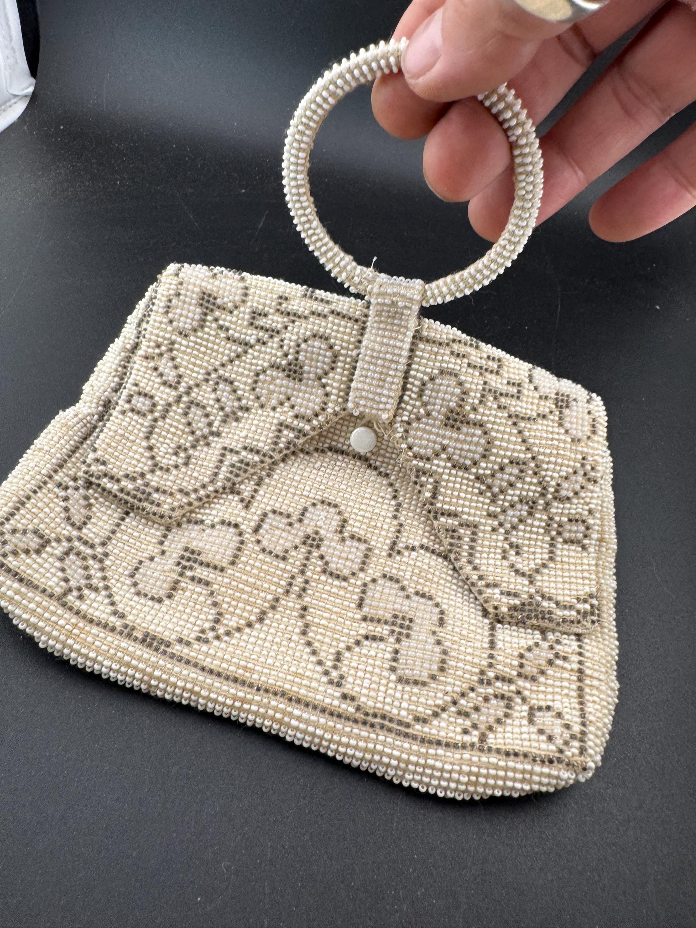 Vintage Antique 1920s 1930s  Belgian Micro Beaded bead work Purse with hoop handle. Lovely condition