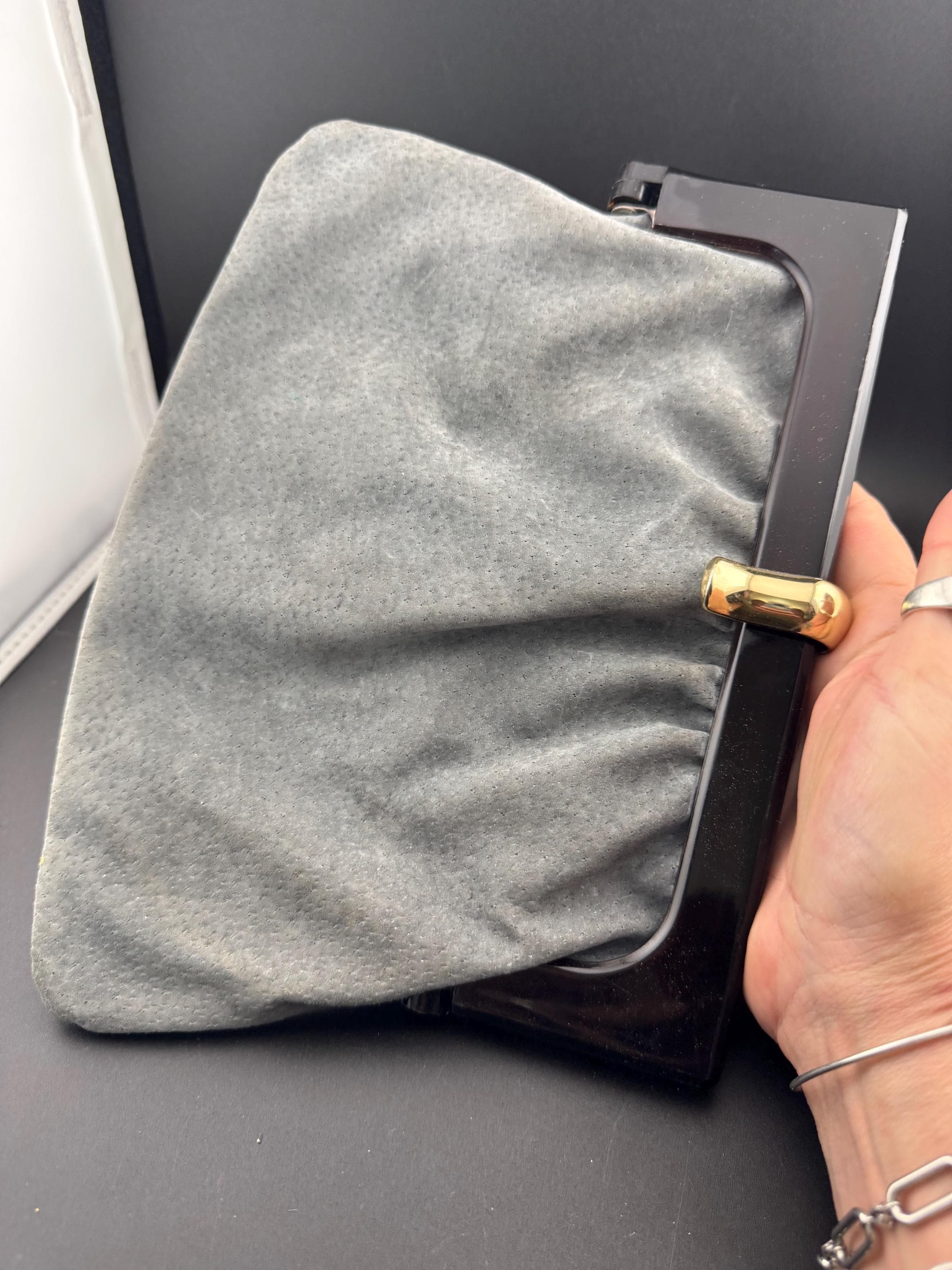 Vintage 1960s 1970s  Italian grey genuine SUEDE leather clutch bag purse handbag black celluloid handles and gold clasp