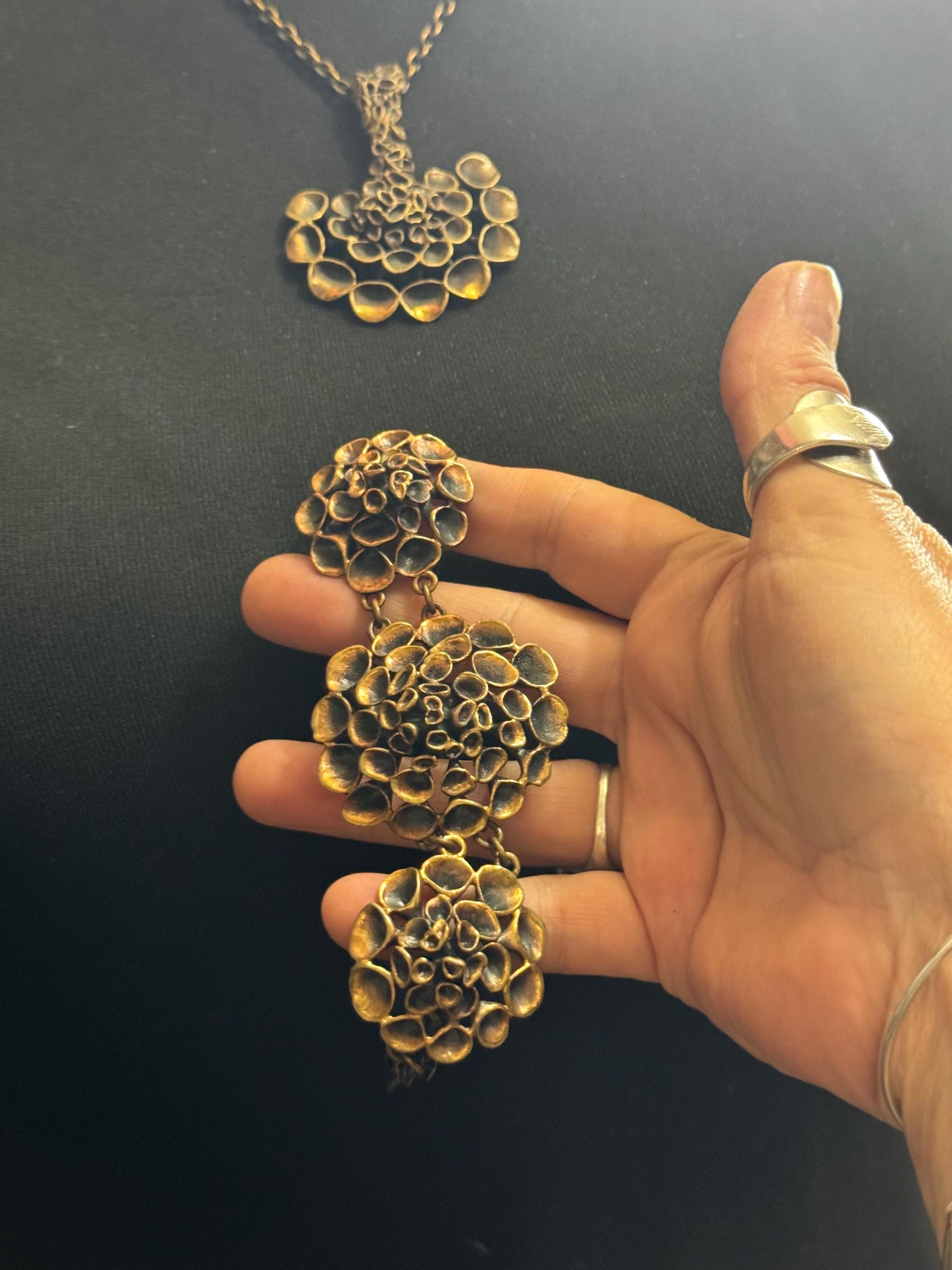 Vintage Bronze Reindeer Moss Jewelry Set: Hannu Ikonen Valo Koru, Finland