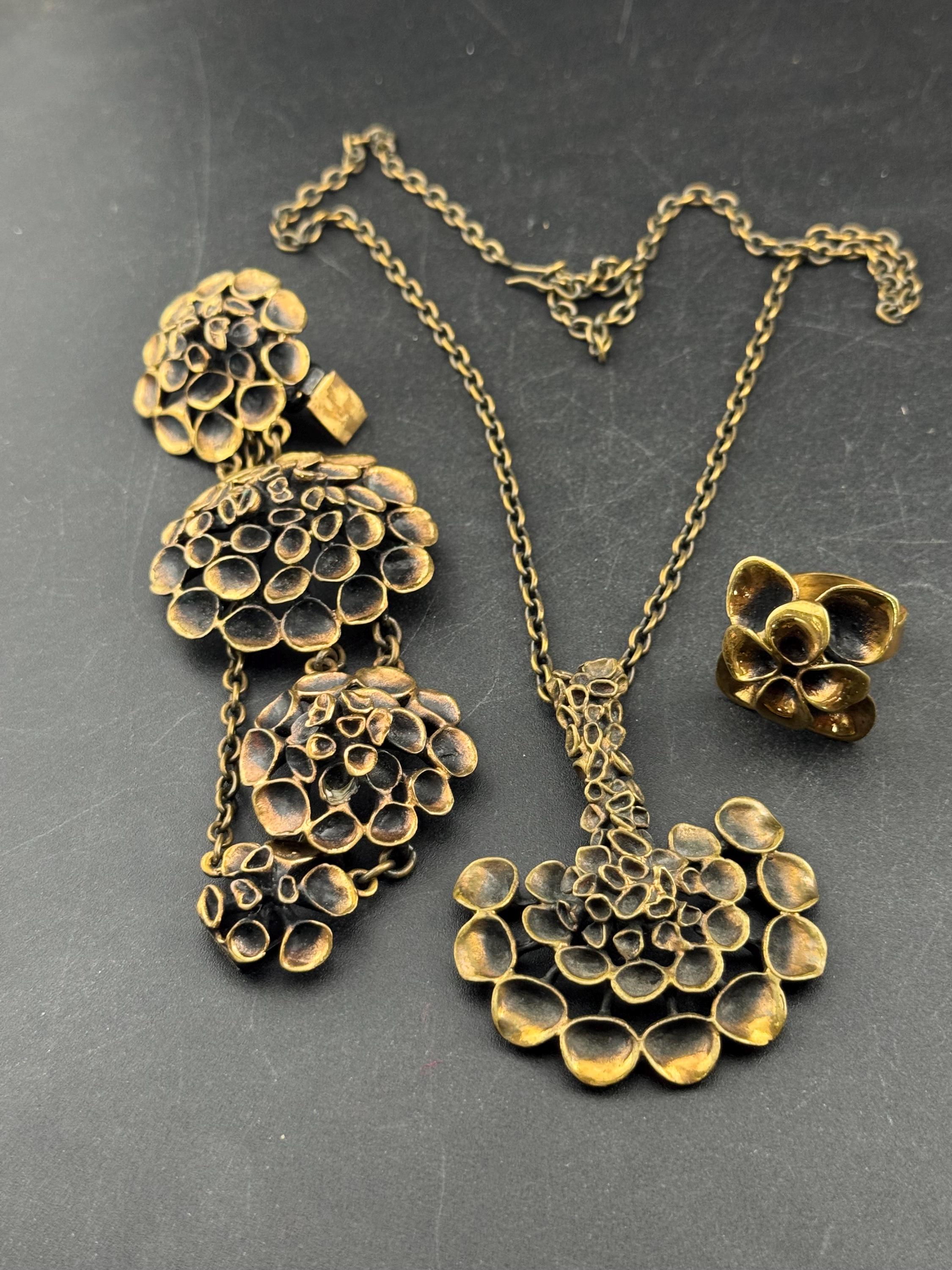 Vintage Bronze Reindeer Moss Jewelry Set: Hannu Ikonen Valo Koru, Finland