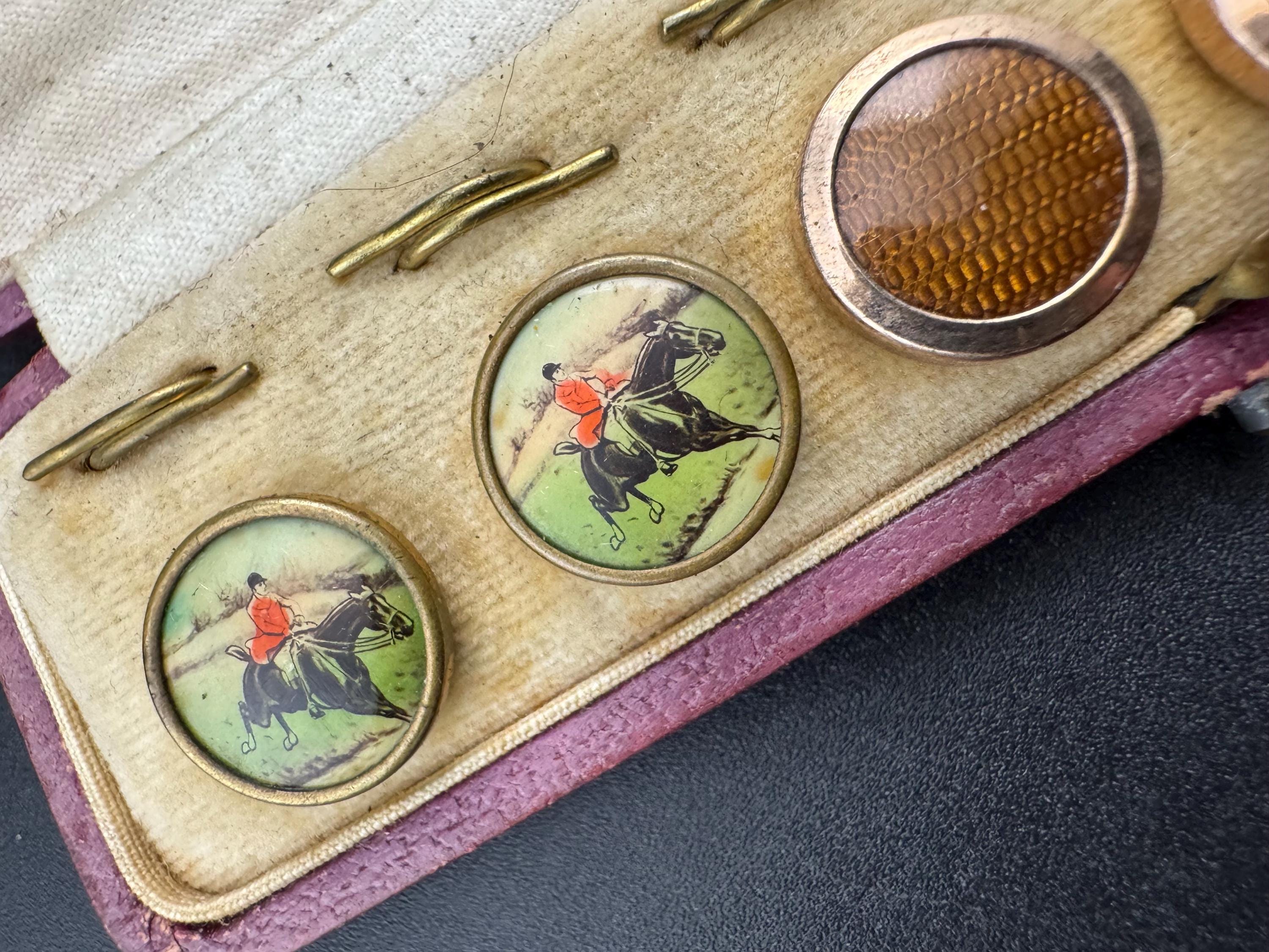 Antique Equestrian Shirt Stud Set: Green Iridescent & Brown, Tooled Leather Case