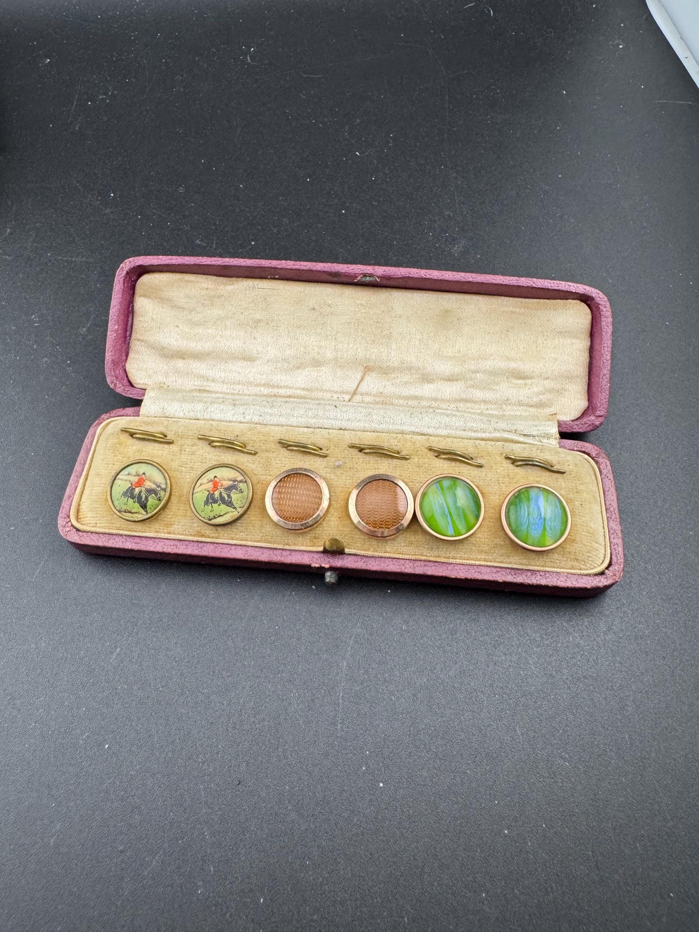Antique Equestrian Shirt Stud Set: Green Iridescent & Brown, Tooled Leather Case