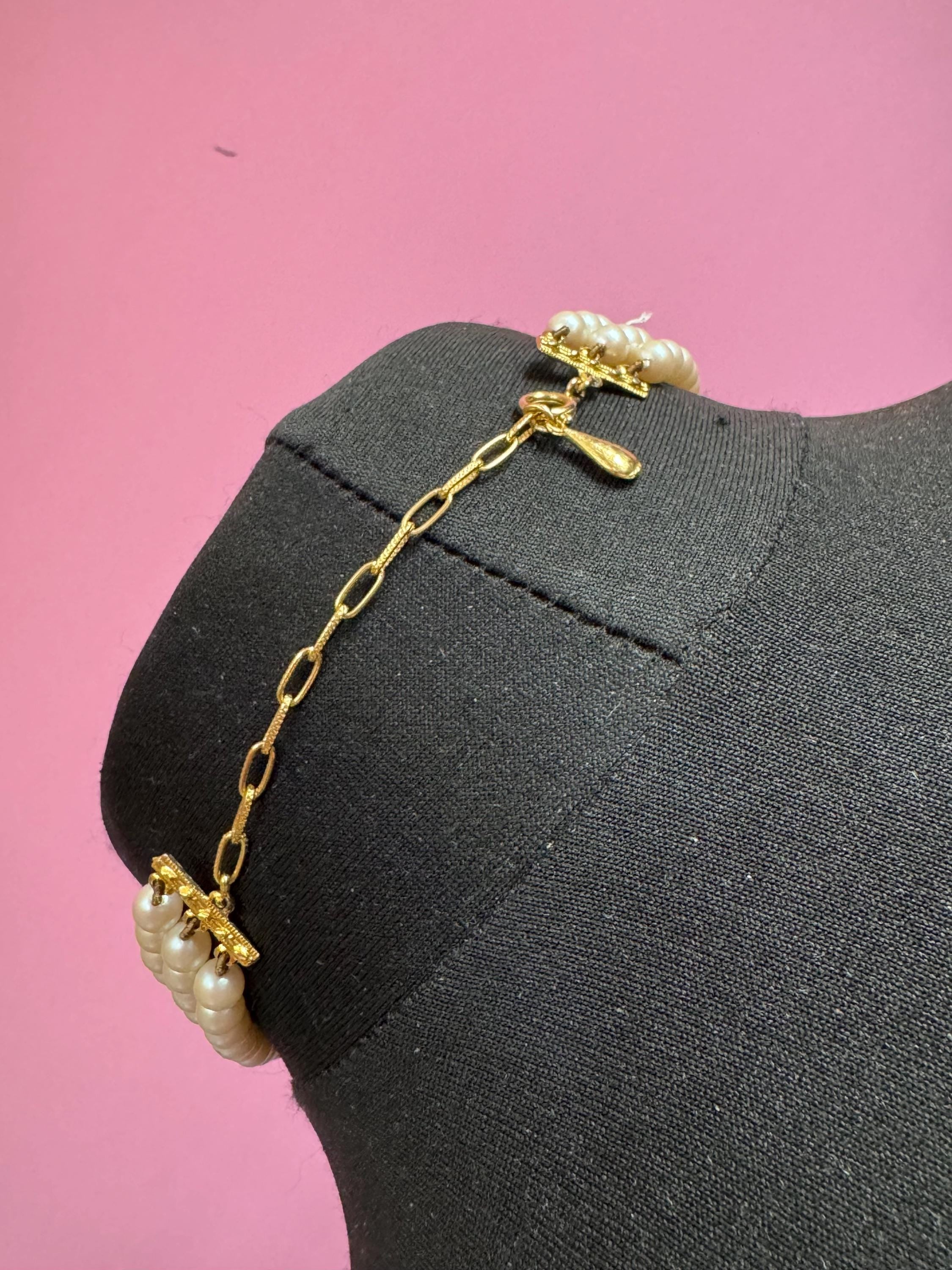 Vintage 3 row wide faux pearl choker necklace with black enamel floral detailing